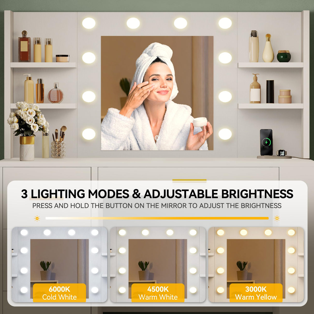 YITAHOME Vanity Desk with 22" Mirror, LED Lights and Power Outlet, Makeup Table with 4 Drawers, Adjustable 3 Lighting Colors, Vanity Table with Open Storage Shelves for Bedroom Dressing Room, White YITAHOME