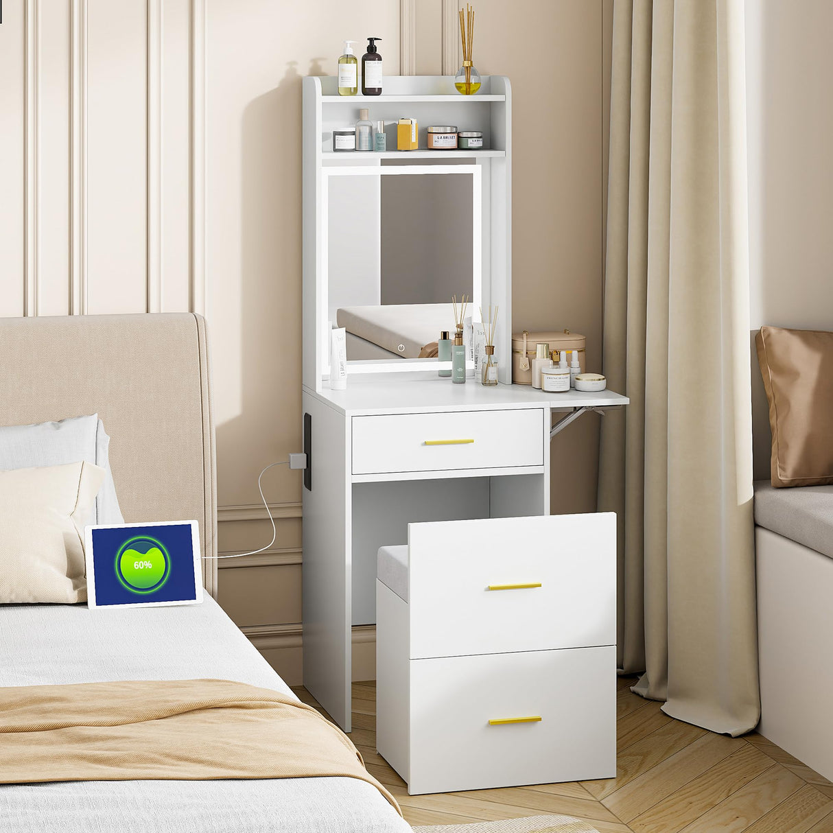 LUMISOL Small Makeup Vanity with Mirror and Light, Makeup Vanity Desk with Charging Station & Fold-up Shelf for Small Space, 3 in 1 Compact Makeup Vanity Set with Hidden Stool, Dressing Table, White LUMISOL