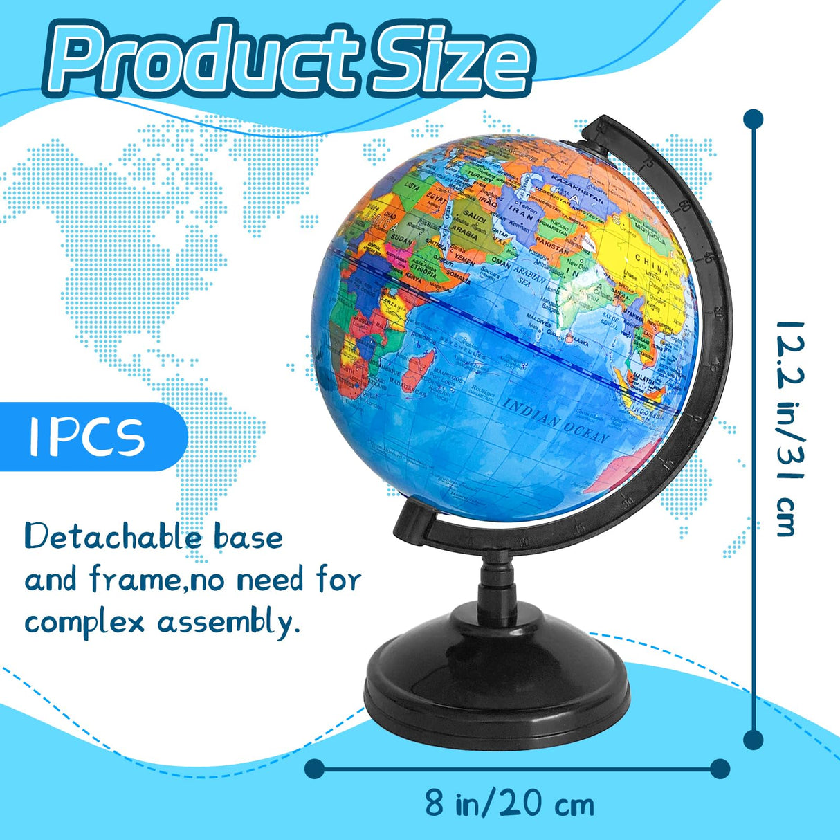 8'' Rotating World Globe with Stand,Decorative Spinning Earth Globe,Geographic Educational World Globe for Kids Classroom Tools,Desk Decorations,Gifts Rrshnsgv