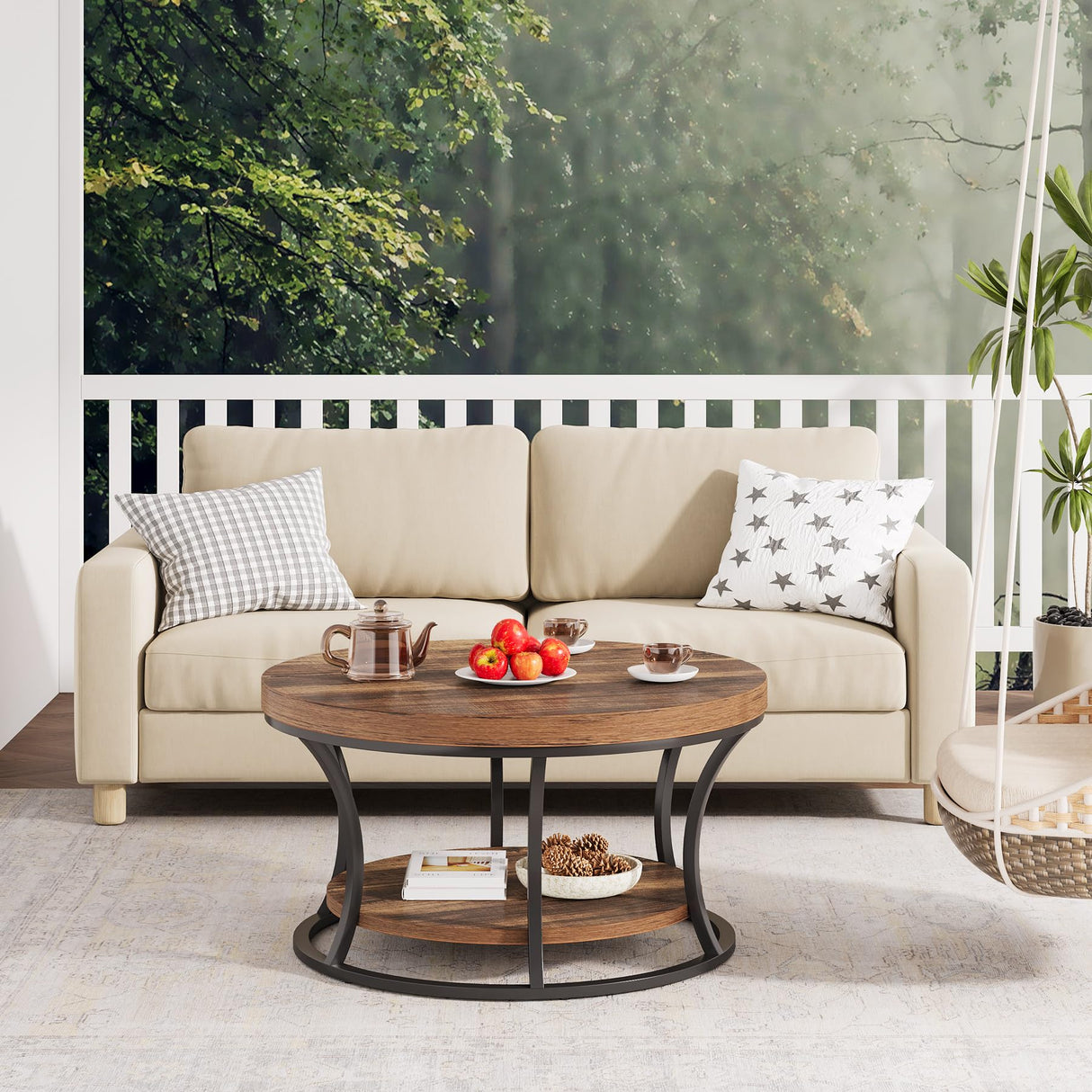 Condemo Round Coffee Table for Living Room, 2-Tier Circle Coffee Table with Storage, Accent Center Table Modern Design, Rustic Brown and Black Condemo