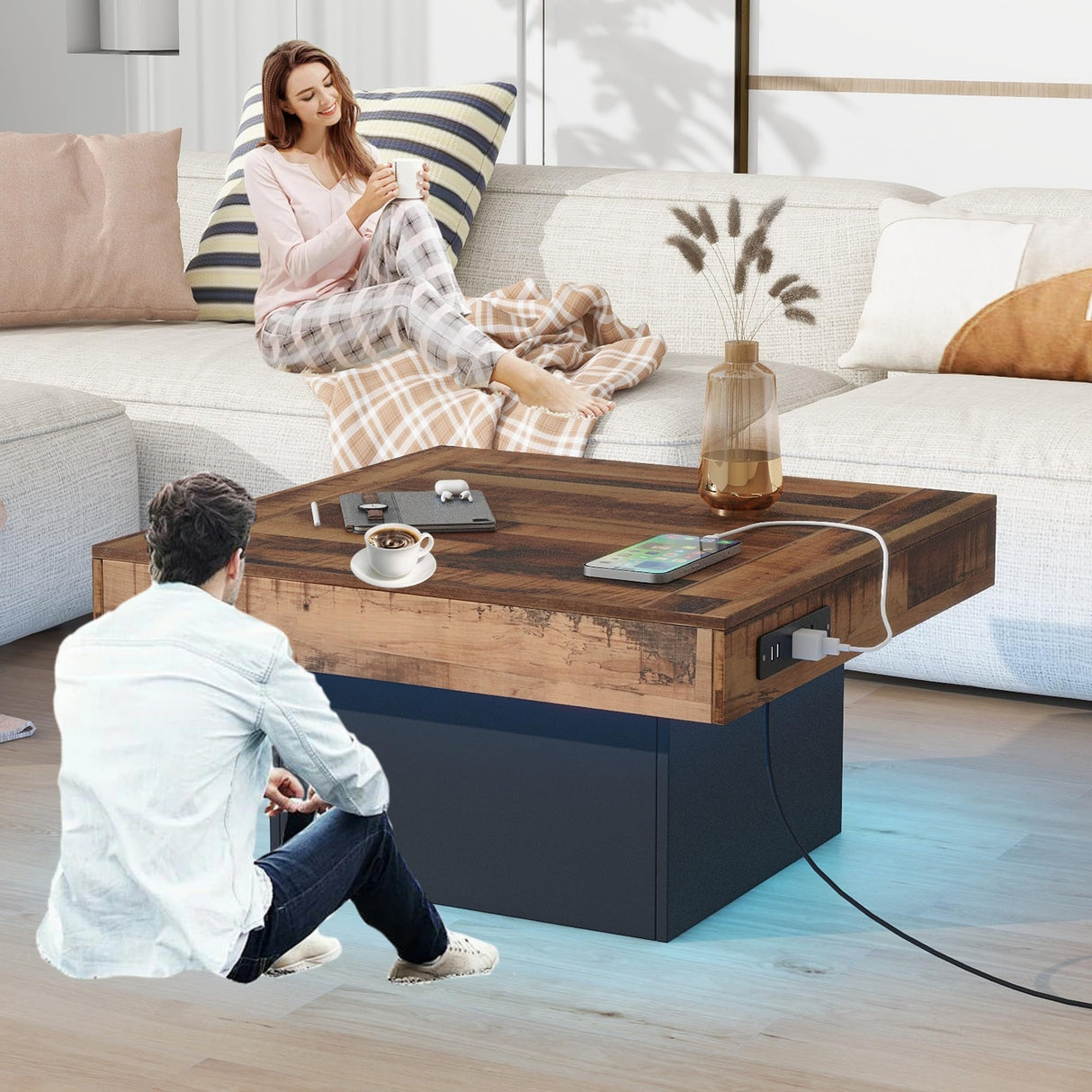 Polibi Coffee Table with LED Light, Brown Spliced Wood Grain Center Table with 2 USB Ports and Outlets, Coffee Tables with Charging Station for Living Room, Black Polibi
