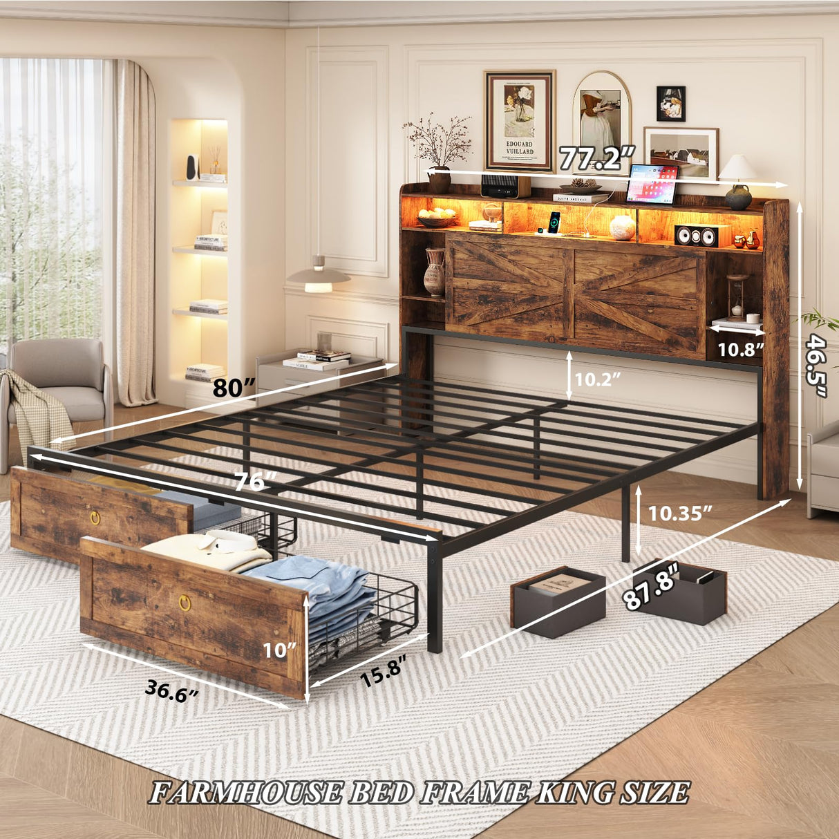 TIGUBFRE King Size Bed Frames with Storage Headboard and 4 Drawers, Farmhouse Platform Bed Frame with Charging Station & LED Lights, Metal Slats Support, Noise Free, No Box Spring Needed, Rustic Brown TIGUBFRE