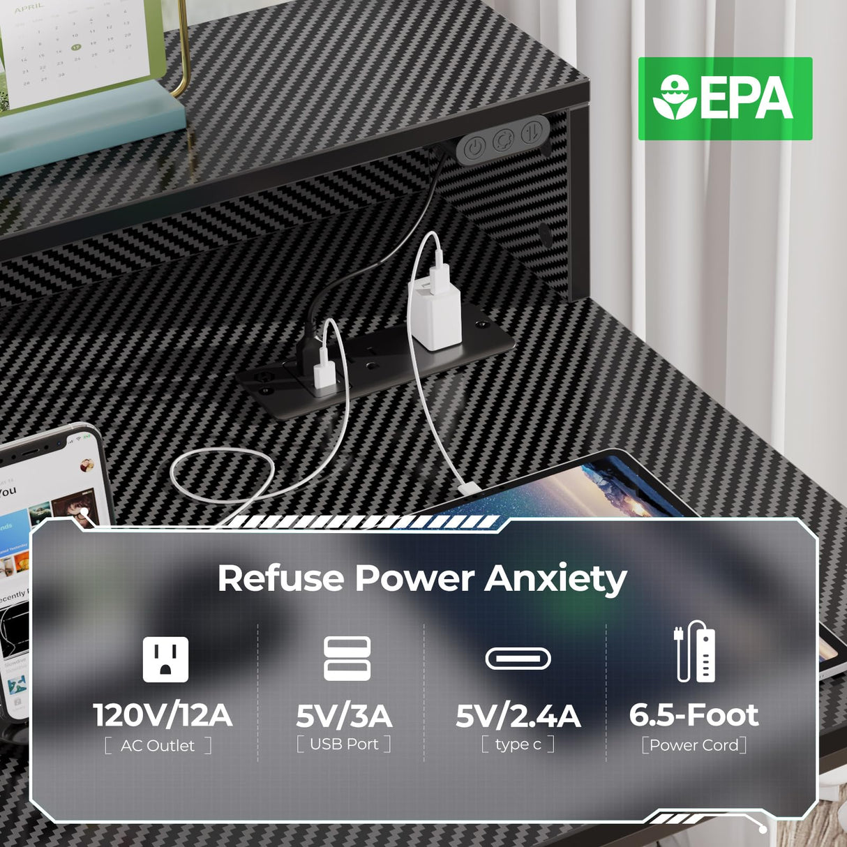 Rolanstar Computer Desk with LED Lights & Power Outlets, 54” Gaming Desk with Storage Shelves, Home Office Desk with Keyboard Tray & Monitor Stand, with Hooks, Carbon Fiber Surface Black Rolanstar