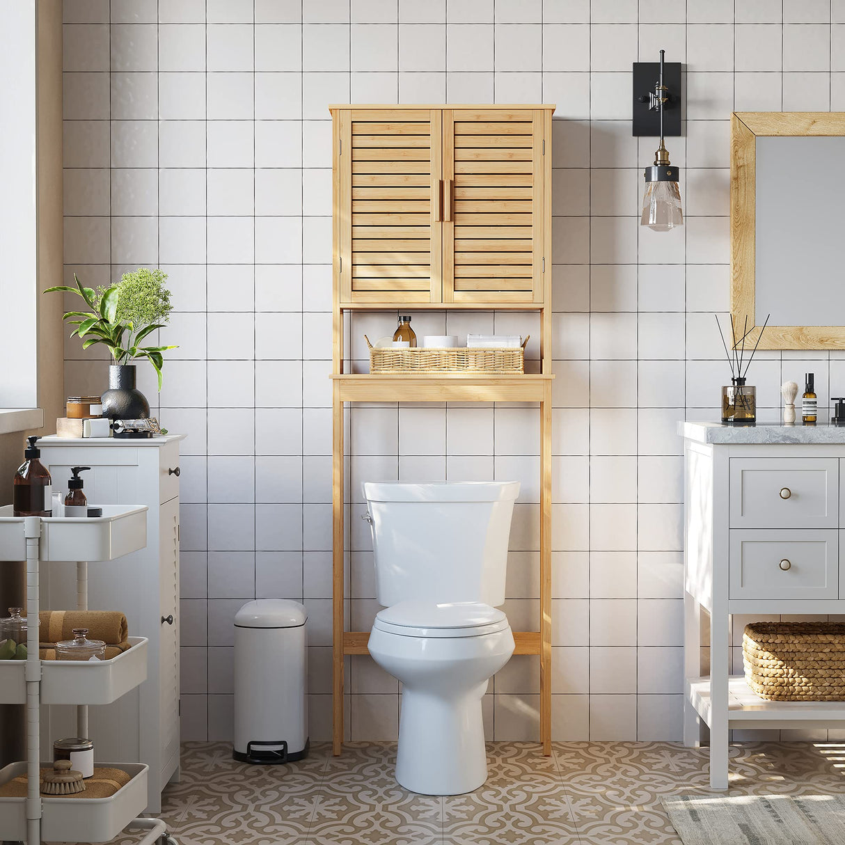 SONGMICS Over The Toilet Storage Cabinet, Bathroom Cabinet with Adjustable Inside Shelf and Bottom Stabilizer Bar, Space-Saving Toilet Rack, Natural Beige UBTS010N01 SONGMICS