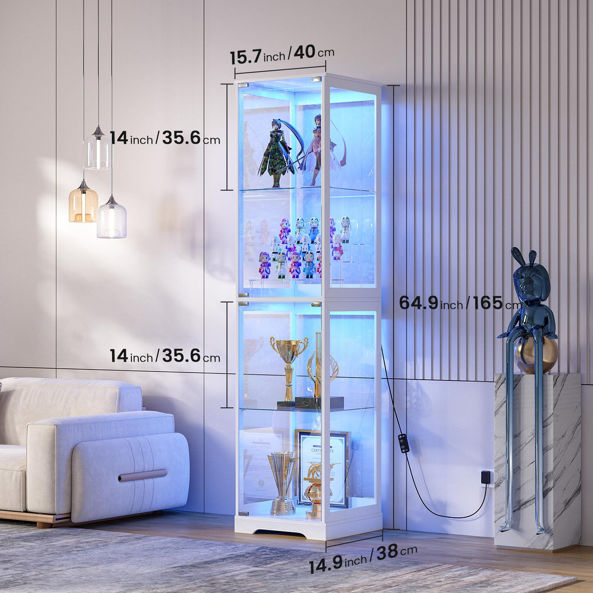 Glass Display Cabinet with Doors, 65" Tall 4-Tier Curio Display Case with 3 Color Lights and Human Body Sensor, Bookcase for Collectibles, White WEQUB