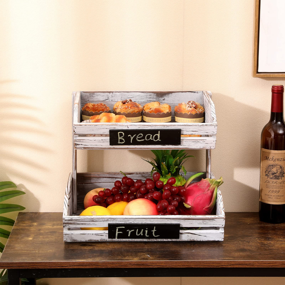 HYLEHE Fruit Basket Holder Vegetable Stand Bread Racks,2 Tier Farmhouse Standing Wooden Organizer,Classic Pastoral Food Basket for Kitchen,Office,Dining Room and Guest Room (Need Assemble) HYLEHE