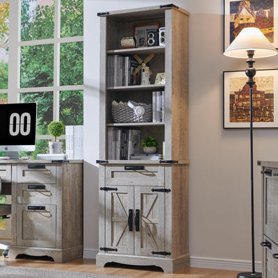 RedLemon Bookshelf with Storage Cabinet, 72" Tall Farmhouse Bookcase with Adjustable Shelves and Barn Door, 4 Tier Office Wood Bookshelf with Drawer for Office Library Living Room (Light Rustic Oak)