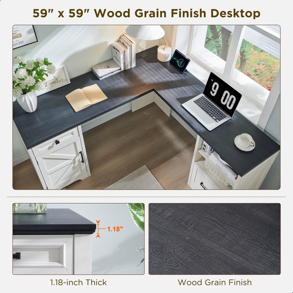 JXQTLINGMU Home Office Desk, Modern Farmhouse Computer Desk with File Cabinet Letter T4 F4 Legal, Study Writing Desk, 59 Inch, Off White JXQTLINGMU