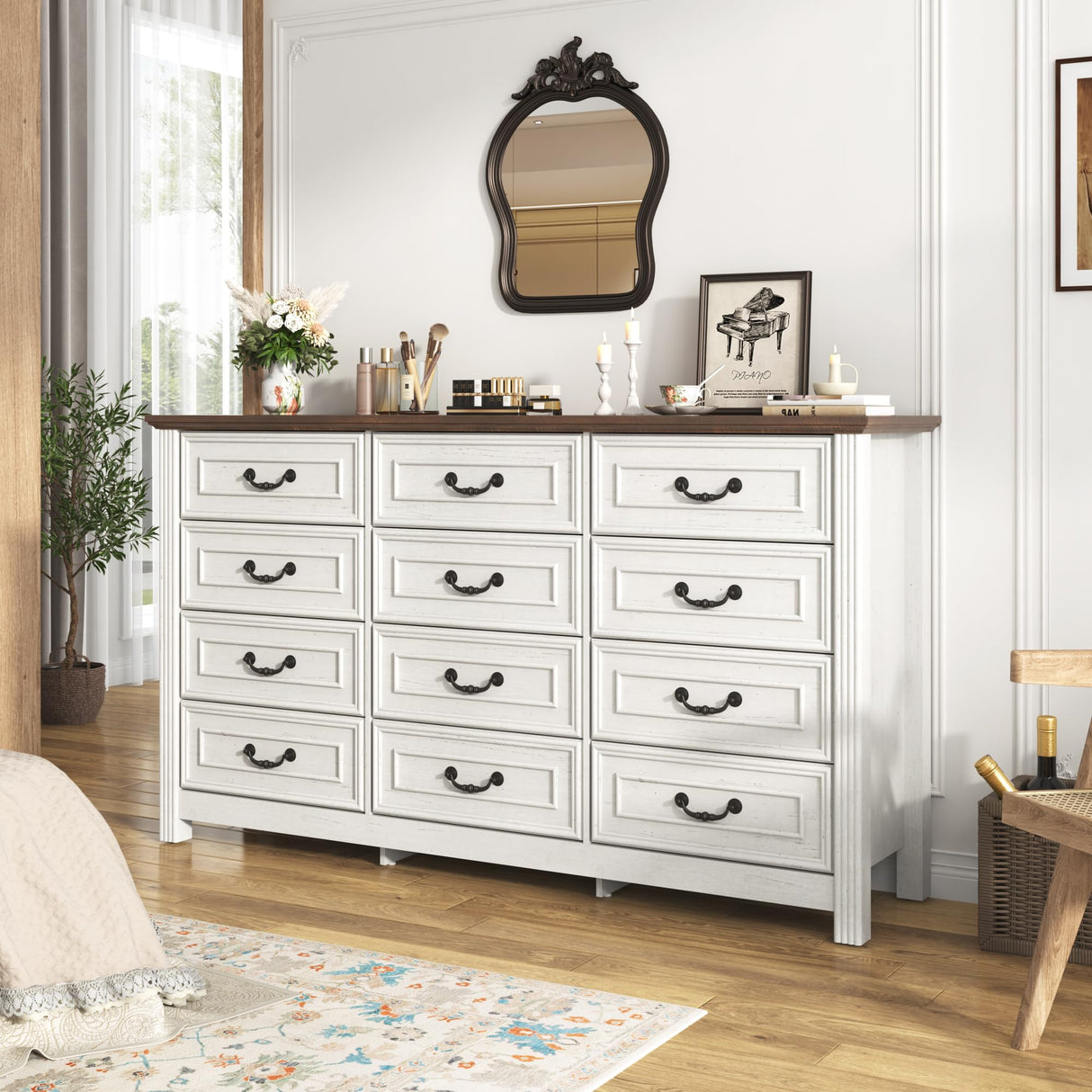 chartustriable Farmhouse 12 Drawer Dresser for Bedroom, 63” Wood Chest of Drawers with Rustic Handles, Wide Closet Dressers Organizer, Living Room, Hallway, Bedroom Furniture, Antique White chartustriable