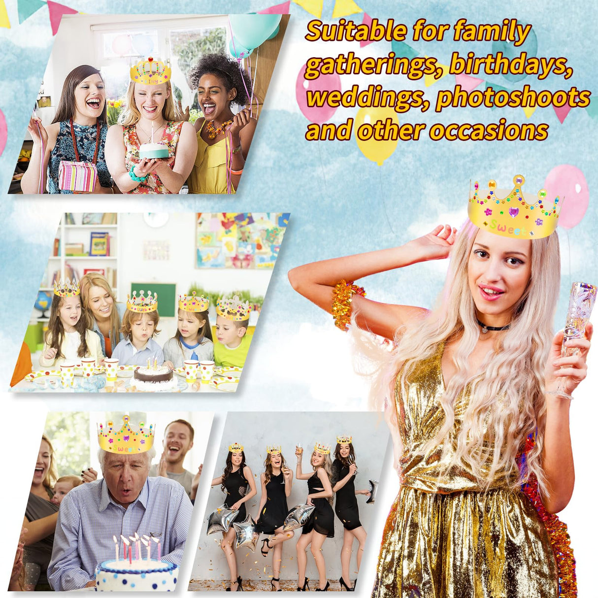 Gold Paper Crowns, 15 Pcs DIY Birthday Party Crowns, King & Princess Crown Hats with Gem Stickers, Letters and Number Stickers for School, Party & Craft Decoration NIUBIER