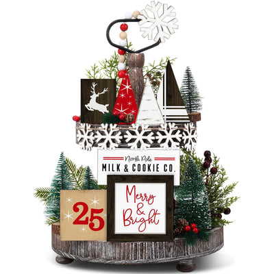GlikCeil 20 Pcs Christmas Tiered Tray Decor Farmhouse Tier Tray Decorations Rustic Wooden Signs Winter Tiered Tray Decorations Set Decorative Table Signs for Tabletop Shelf Mantel(Classic Style)