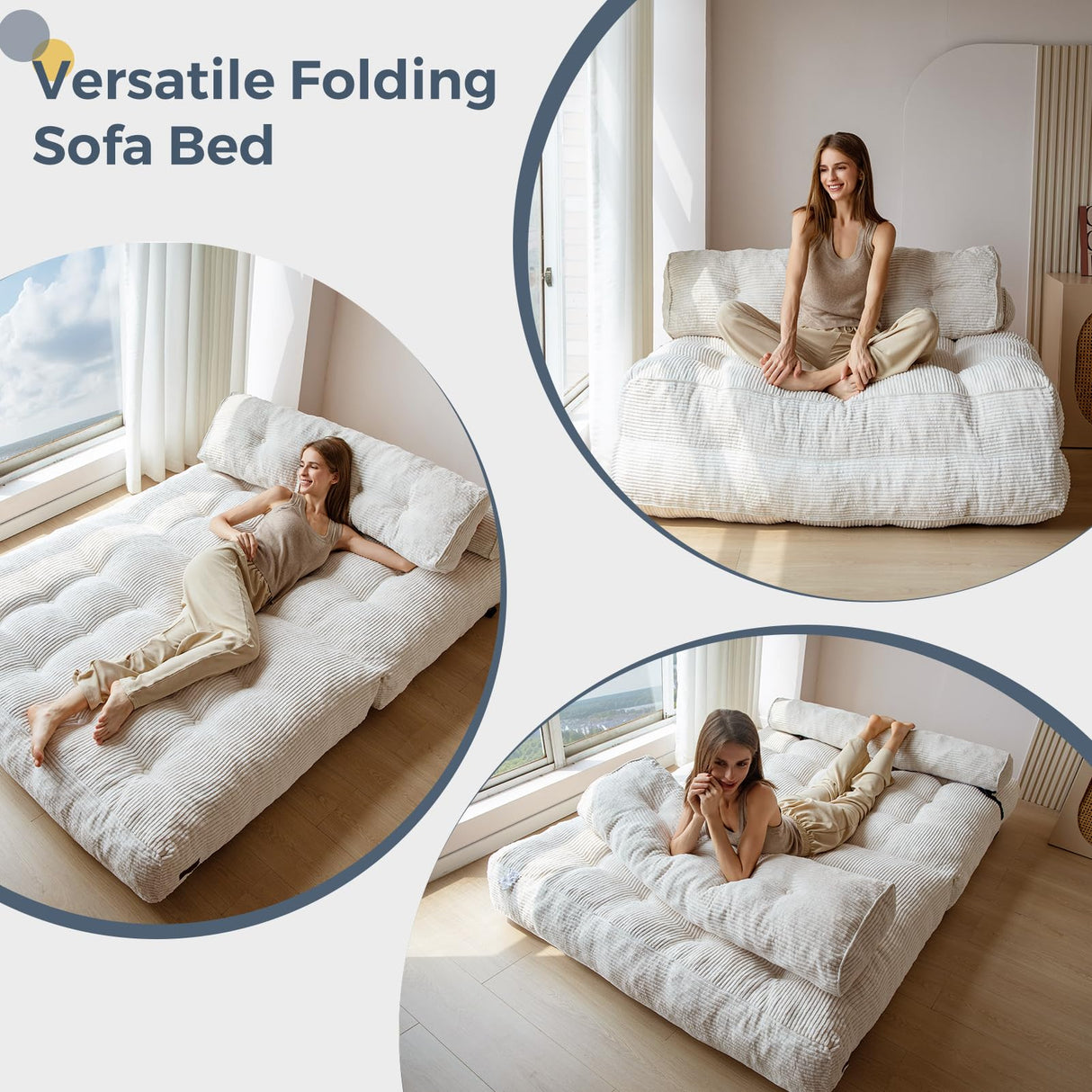 MAXYOYO Folding Sofa Bed, Convertible Sleeper Chair with Pilow Foldable Matress with Back Support, Portable Fold Out Chair Bed Comfy Floor Sofa Lounge for Living Room Bedroom, Beige, Double MAXYOYO