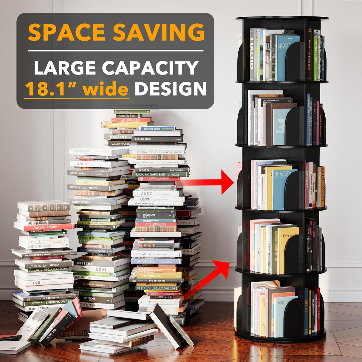 SpaceAid 5 Tier Rotating Bookshelf Tower, Spinning Bookcase Lazy Susan, Revolving 360 Book Shelf Storage Round Carousel, Vertical Rotate Turning Spiral Corner Organizer, Black SpaceAid
