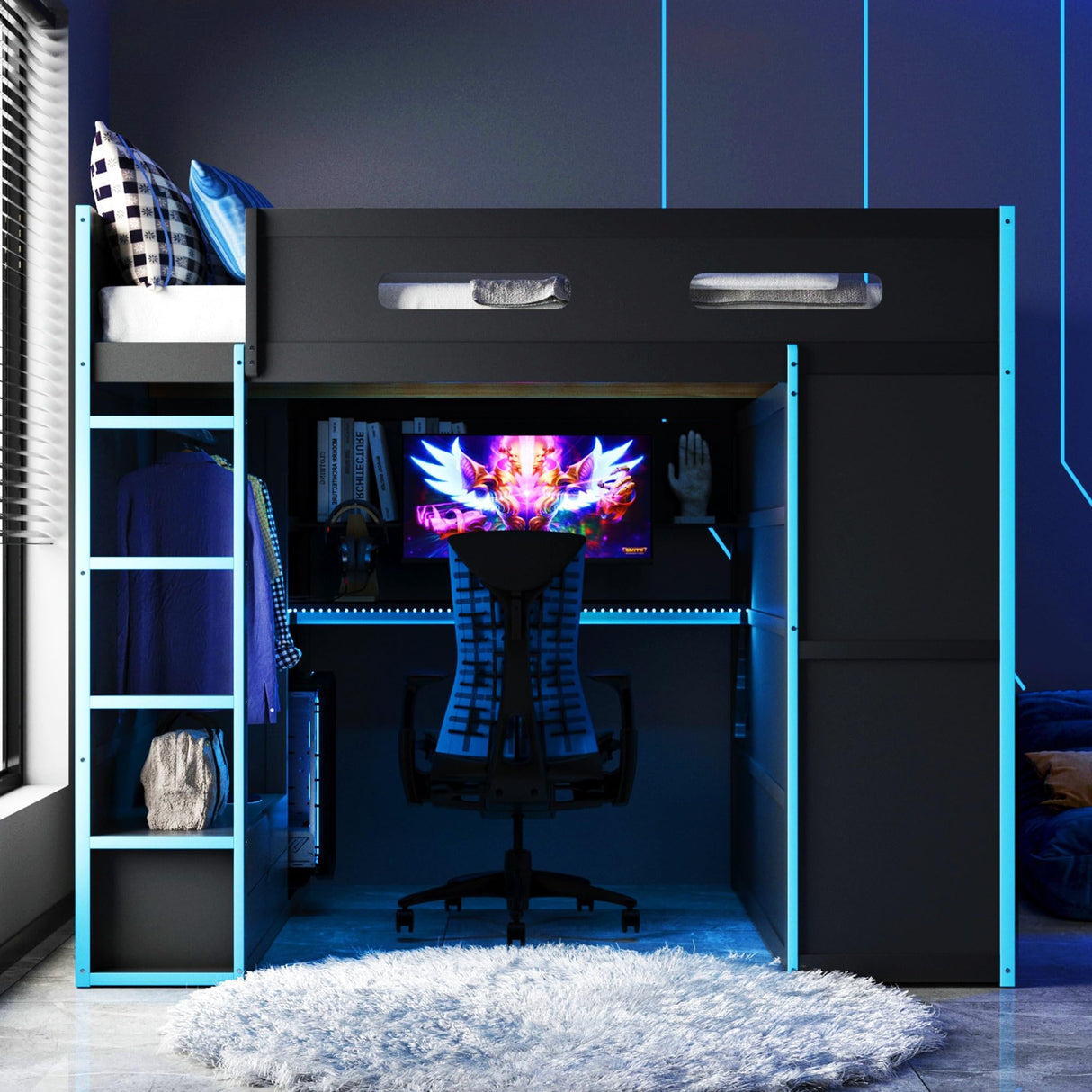 KLMM Full Size Wood Gaming Loft Bed with Desk and Wardrobe,USB Port and RGB LED Light,for Kids Teens Adults Bedroom Use (Cloud Blue#Wardrobe, Full) KLMM