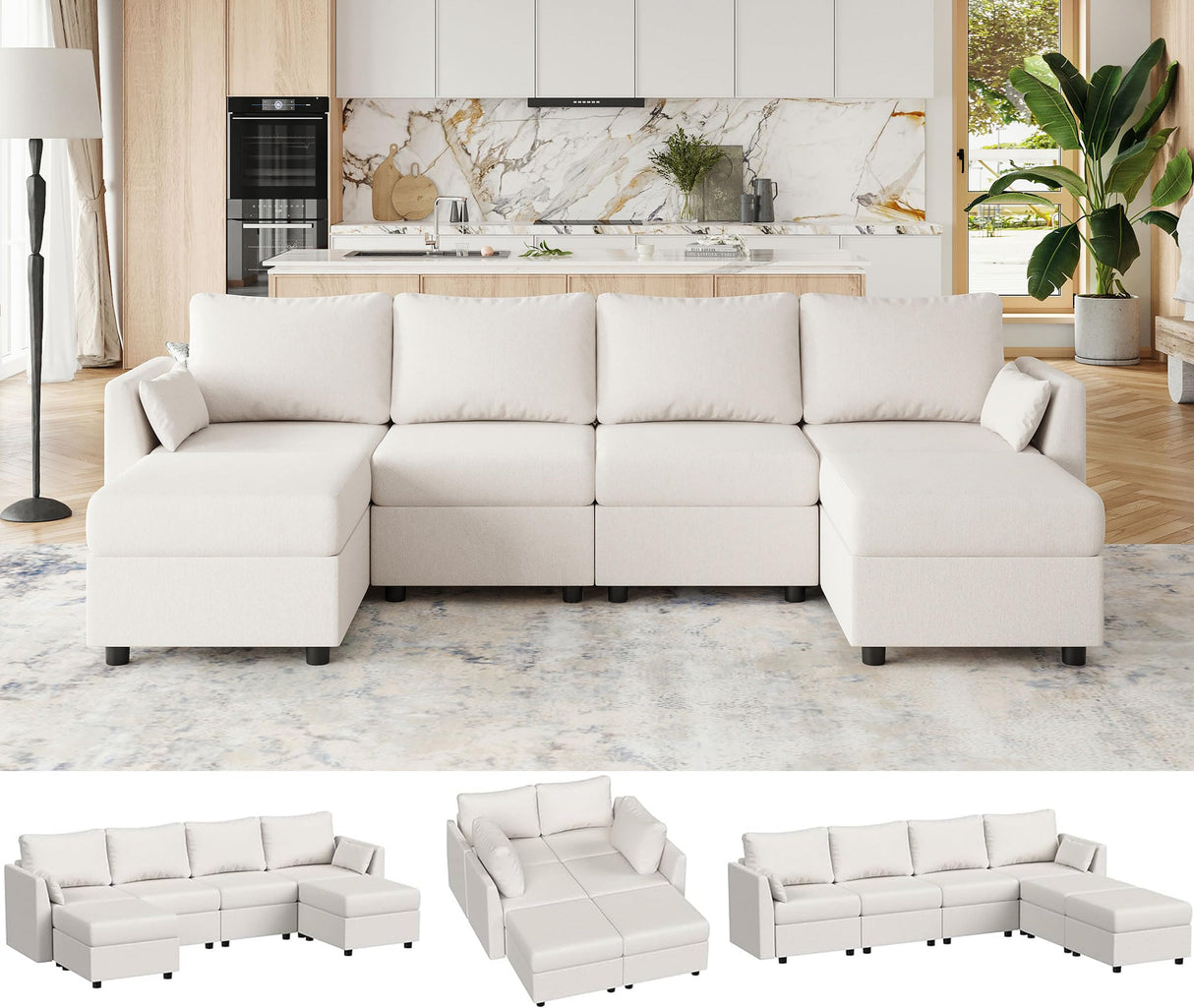 Huatean Home Modular Sectional Sofa, 6 Seat Modular Couch with Storage, Memory Foam, Convertible Sectional Couches for Living Room, U Shaped Comfy Modular Sofa with Chaise, Cream Huatean Home