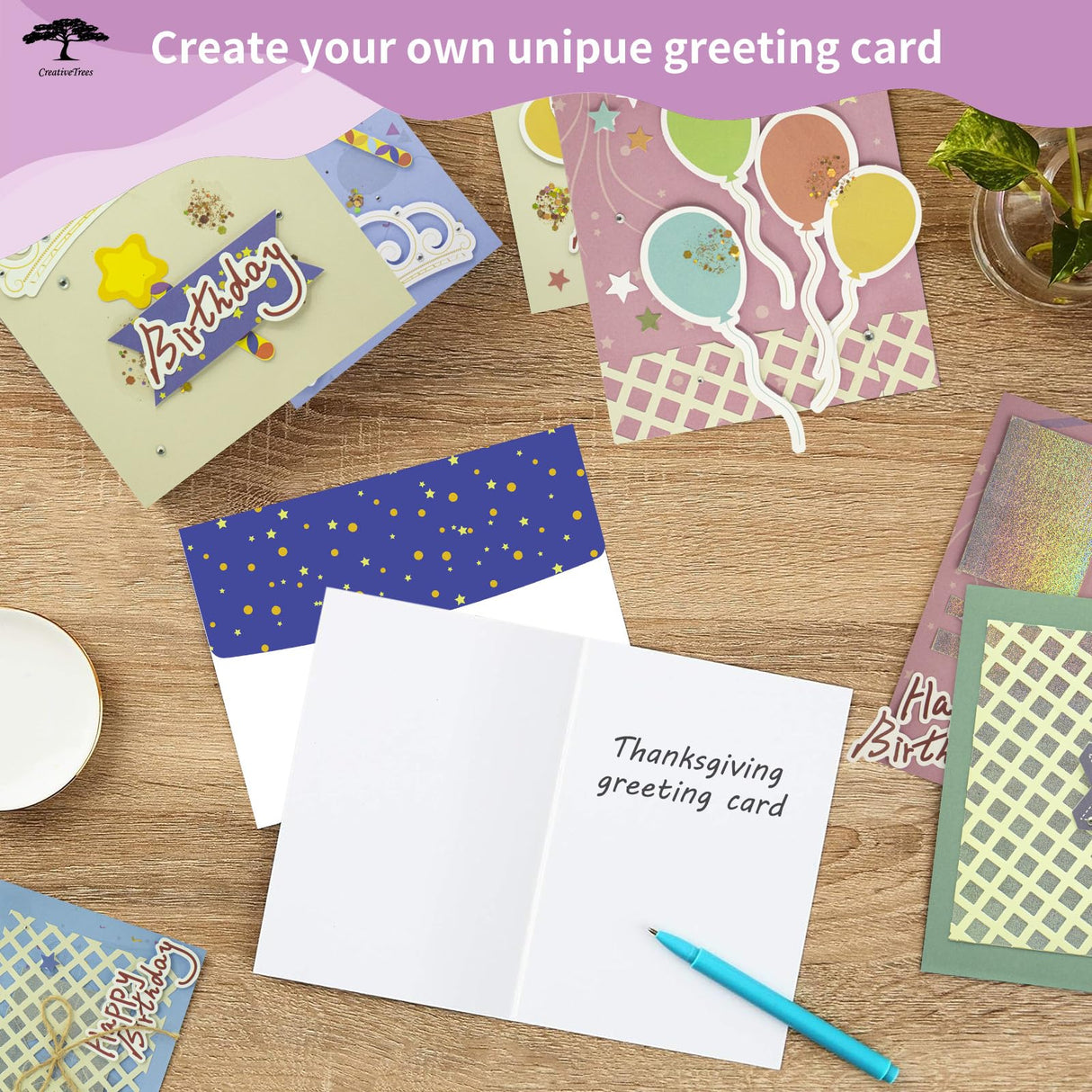 CREATIVETREES Greeting Card Making Kits DIY Blank Cards for Birthdays, 9 Envelopes, Balloon Thank You Cards, Colourful Balloon Thank You Cards with Envelopes CREATIVETREES