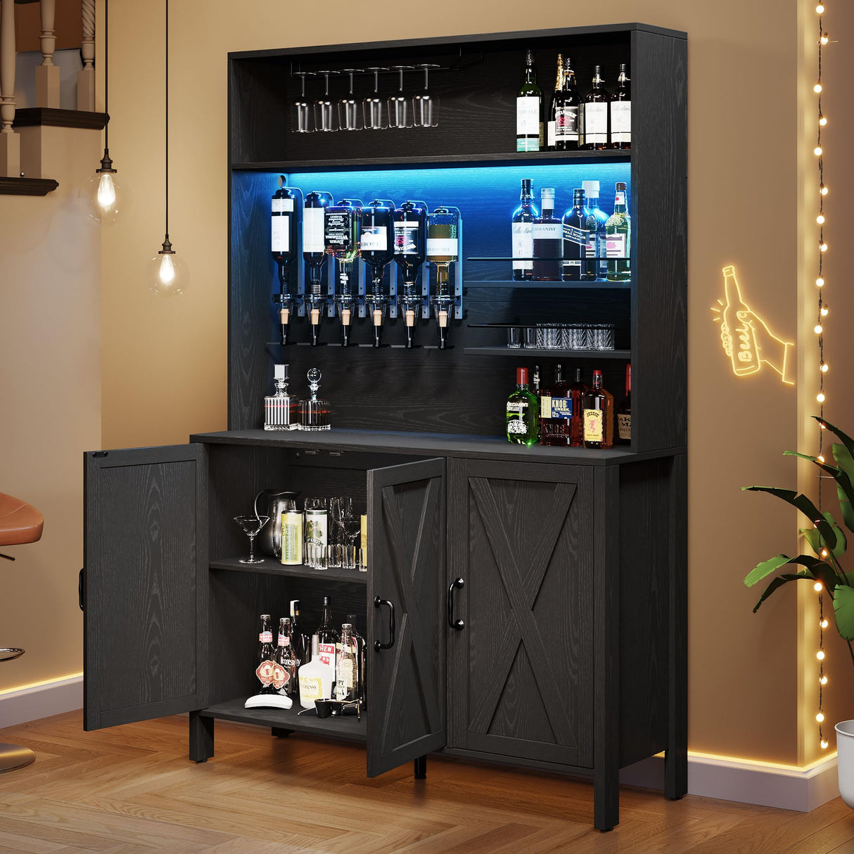 DWVO Tall Liquor Cabinets with LED Light, 71" Wine Liquor Bar Cabinet w/ 6-Bottle Liquor Dispenser & Wine Rack, Farmhouse Kitchen Cabinet for Dining Room, Black DWVO