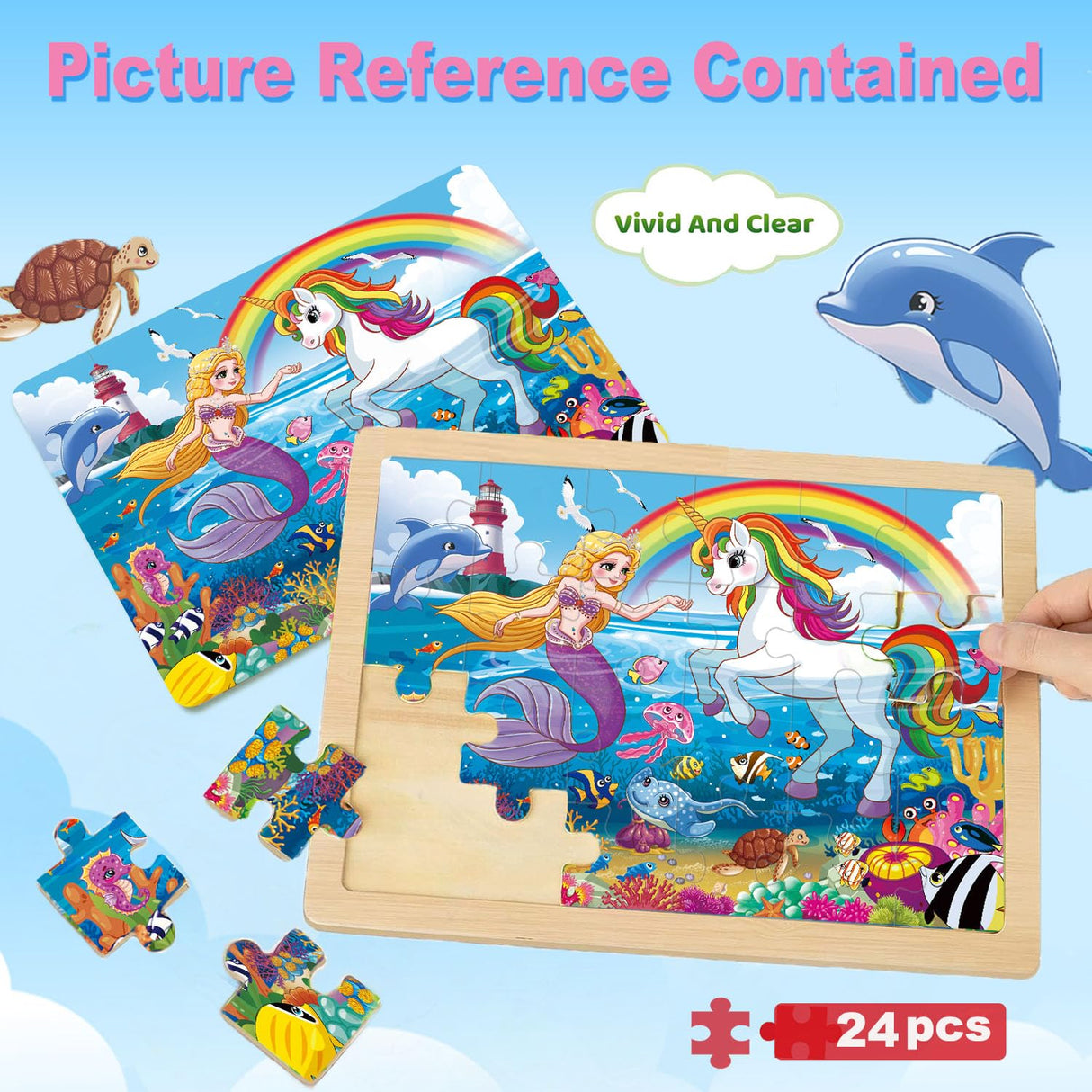 Wooden Puzzles for Kids Ages 4-6, Large 24 PCs Unicorn Mermaid Princess, Jigsaw Puzzles for Kids Ages 3-5, Preschool Educational Learning Toy for Boys and Girls VJZVKJ