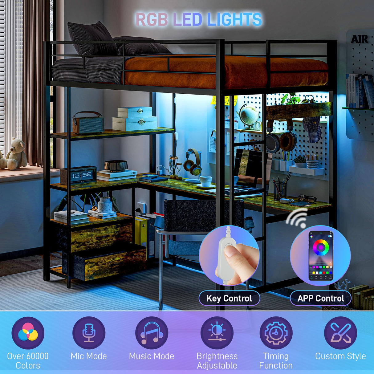 HOMCOM Metal Loft Bed Twin Size with L-Shaped Desk, LED Lights, Charging Station, for Teens Adults, Twin Loft Bed Frame with Fabric Drawers, Guardrail, Ladder, Noise Free, No Box Spring Needed, Black HOMCOM