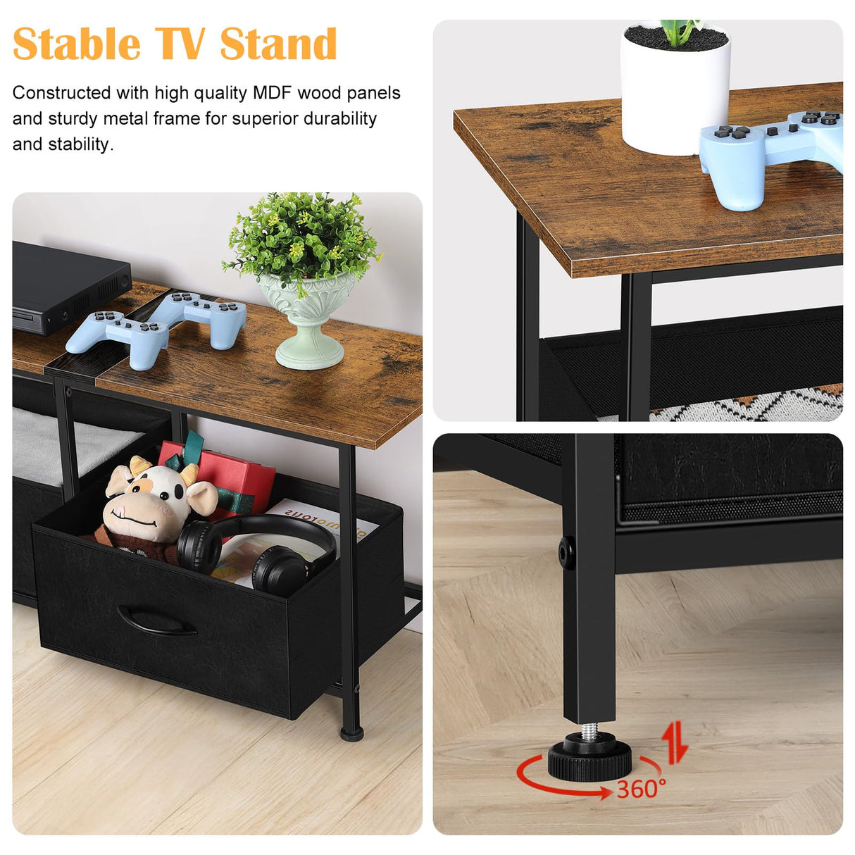 CADUKE TV Stand with Storage Drawers, Farmhouse Entertainment Center for 50/55/60 inch Television, Industrial TV Console Table for Living Room and Bedroom, Brown (Brown) CADUKE