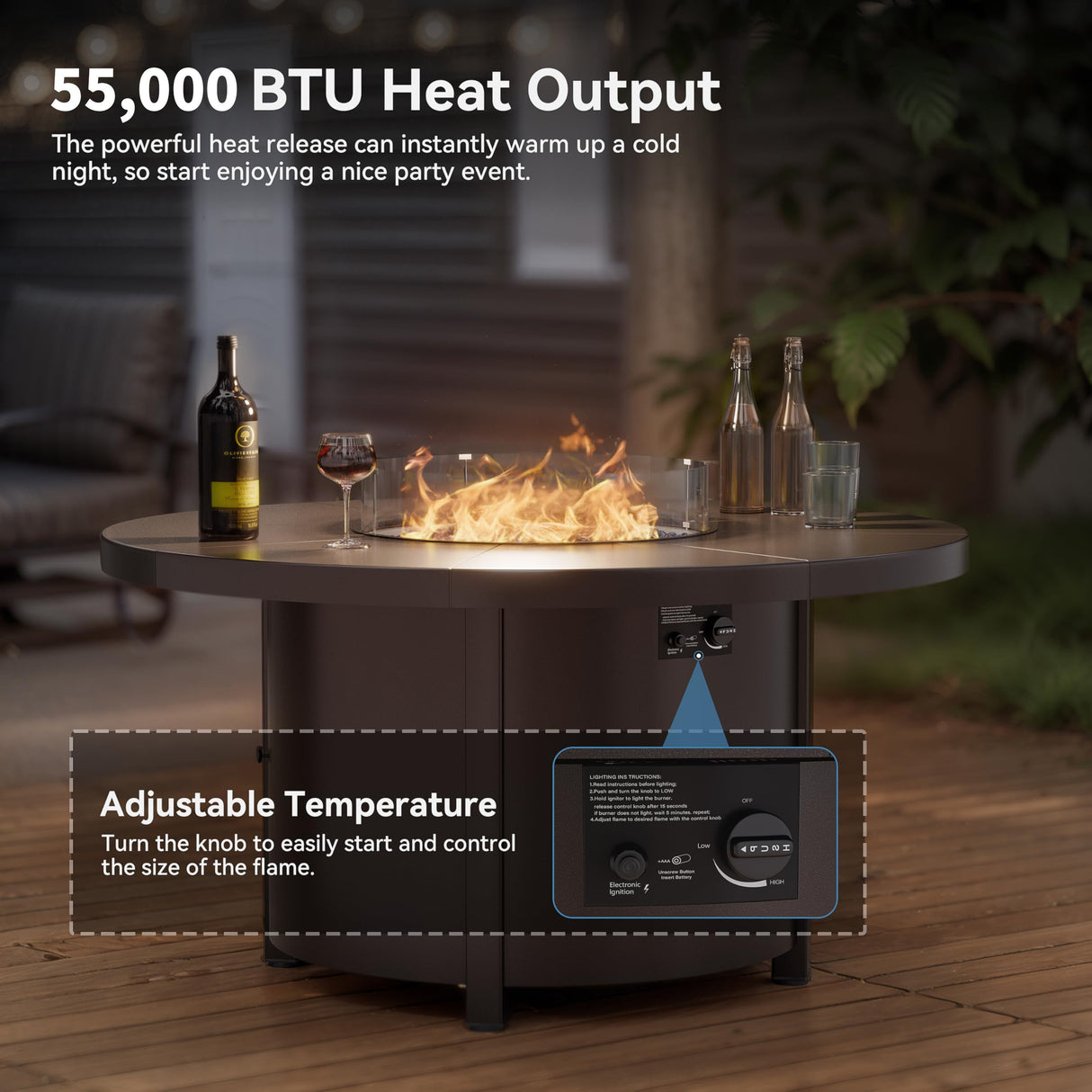 Kullavik 48" Round Propane Fire Pit Table,55000 BTU Auto-Ignitiongas Gas Fire Table with Fire Glass and Lid,Waterproof Cover and Blue Glass Stone,for Patio, Balcony,Garden Kullavik