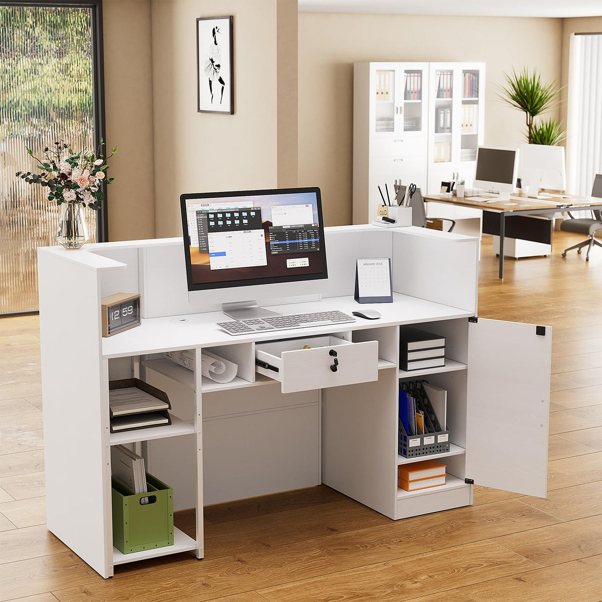 PAKASEPT Modern Reception Desk with LED Lights, 63 Inches Front Counter Table with Lockable Drawer & Shelves, Checkout Counter for Reception Room, Lobby, Beauty Salon, Retail,Office PAKASEPT