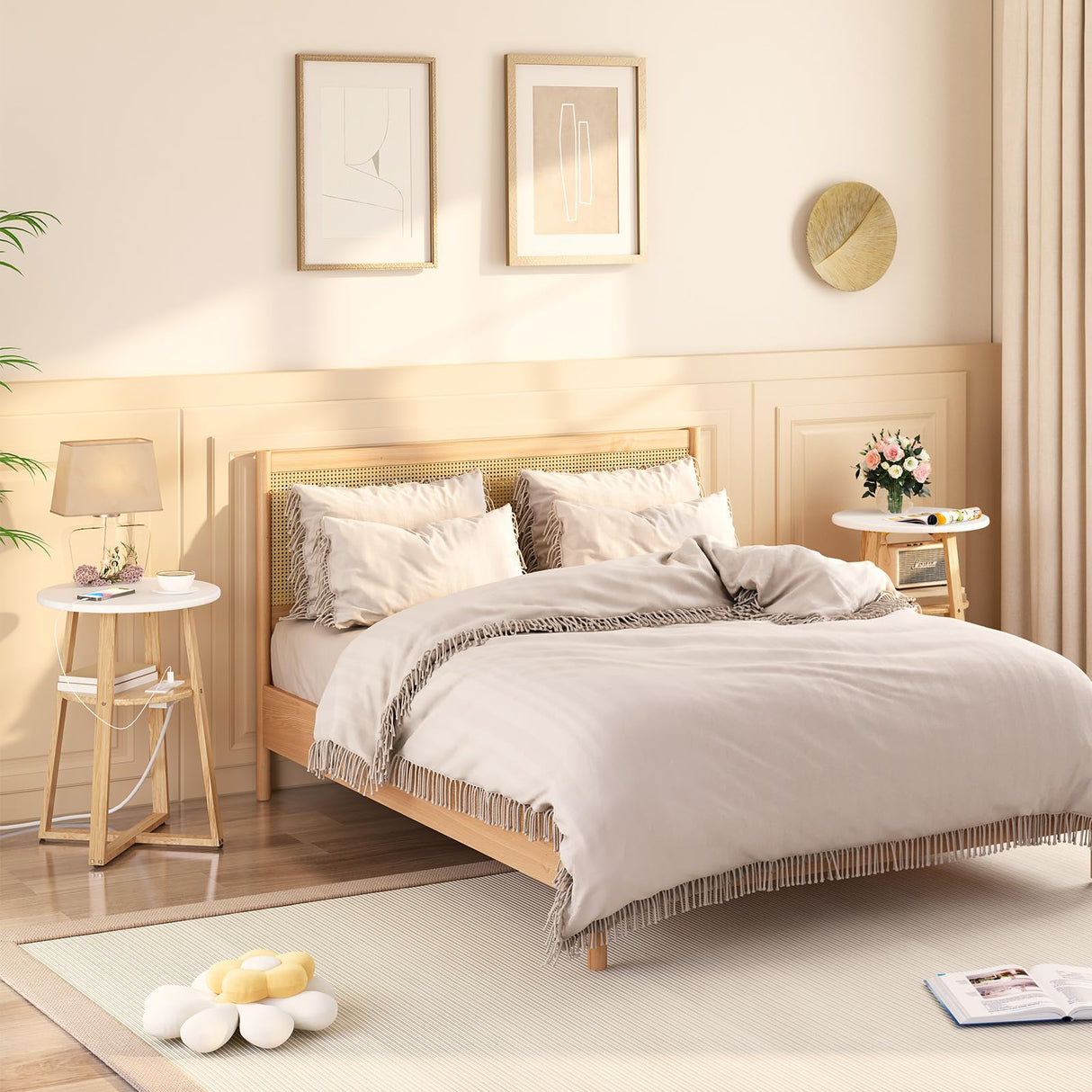 HOOBRO Set of 2 Round Side Tables with Charging Station, Round Accent End Table with Bamboo Legs for Living Room, Bedroom, White and Natural YW101UBZP201 HOOBRO