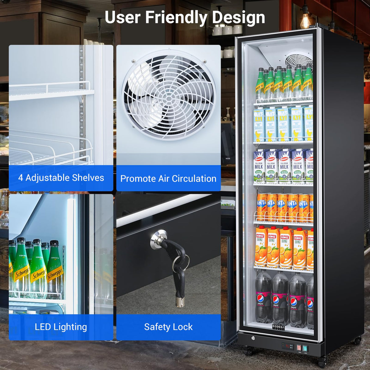 BODEGACOOLER Commercial Merchandiser Refrigerator,12.5 Cu.Ft Glass Door Display Refrigerator,Upright Commercial Beverage Display Cooler with Soft LED Light,Adjustable Shelves,Black BODEGA