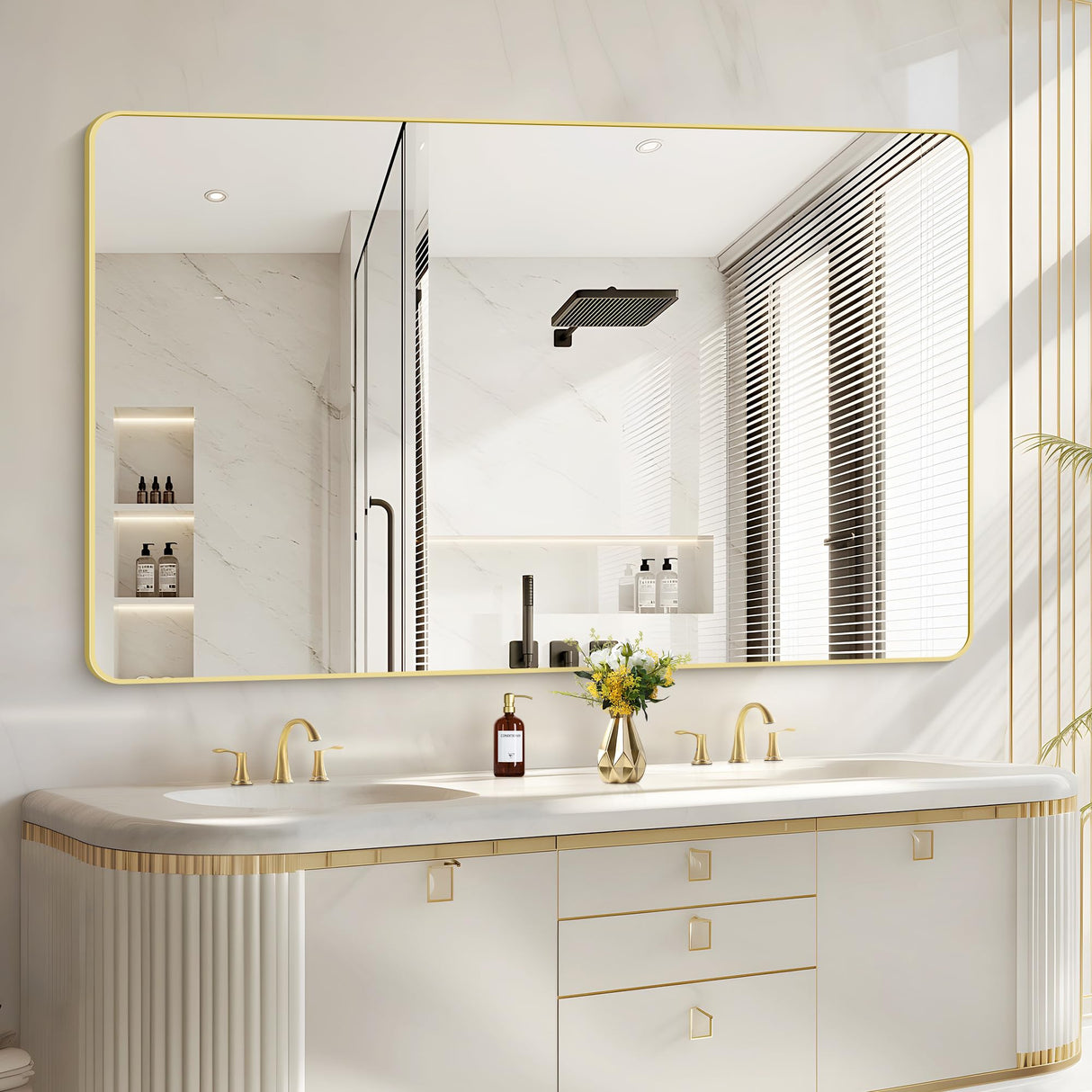 CIVENO 55"x36" Gold Bathroom Mirror, Large Rectangle Mirror, Rectangular Wall Mirror, Rounded Corner Vanity Mirror with Aluminum Metal Frame for Bathroom Bedroom Living Room CIVENO