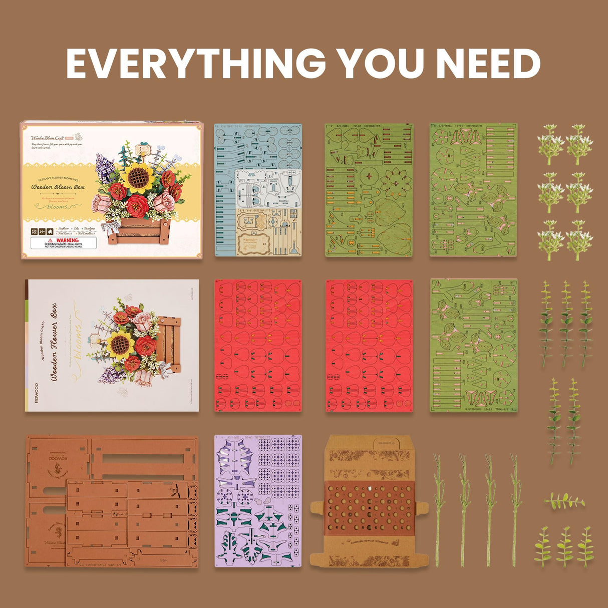 ROBOTIME 3D Wooden Bloom Box Puzzle, Adults' Flower Bouquet Building Set, Artificial Flowers Home Decor, Gift for Wedding/Mother's Day/Birthday, Wood Craft Kit ROBOTIME