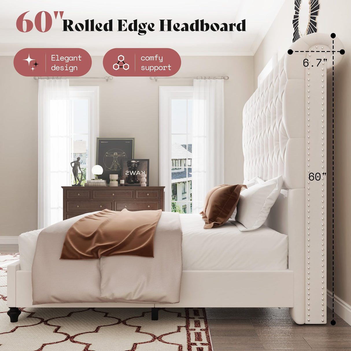 AMERLIFE Queen Size Bed Frame with 60" Tall Wingback Headboard, Velvet Upholstered Platform, Button Tufted Sleigh Design, No Box Spring Needed,Cream AMERLIFE