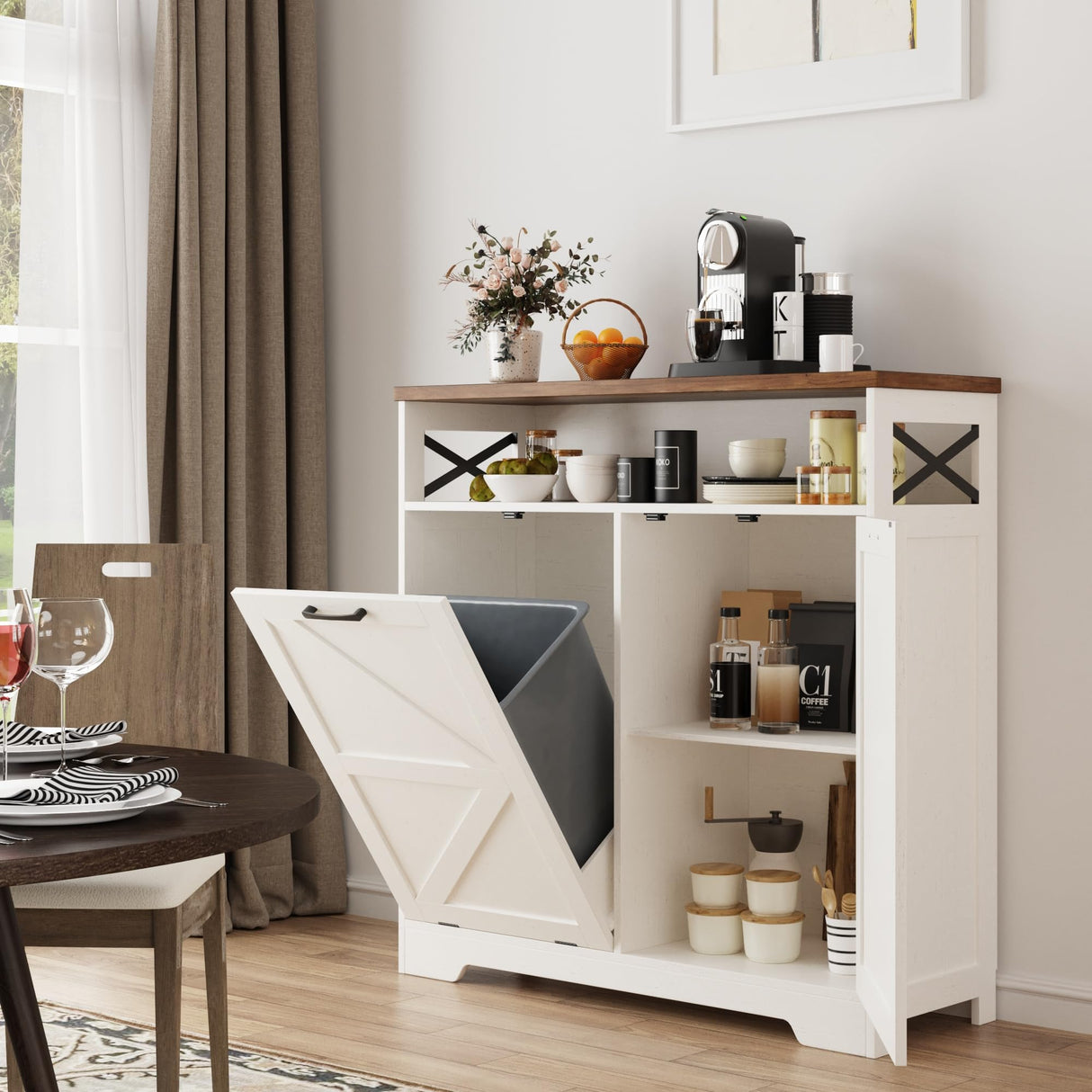 Befrases Tilt Out Trash Can Cabinet for 13 * 1 Gallon Trash Can, Farmhouse Kitchen Island Cabinet with Adjustable Shelf for Hidden Laundry Basket, Dog Proof Garbage Can for Dining Living Room, White Befrases