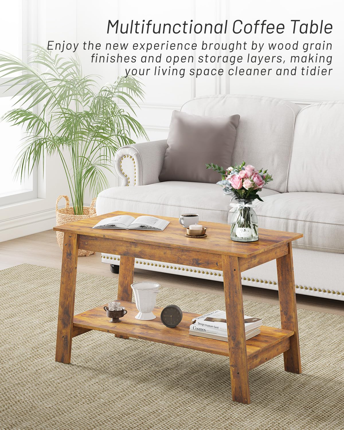 GarveeHome 2-Tie Coffee Table, Rustic Wood Living Room Tables with Open Rectangular Storage Compartment, Coffee Tables for Living Room, Outdoors, Home Office, Bedroom, Retro Brown GarveeHome