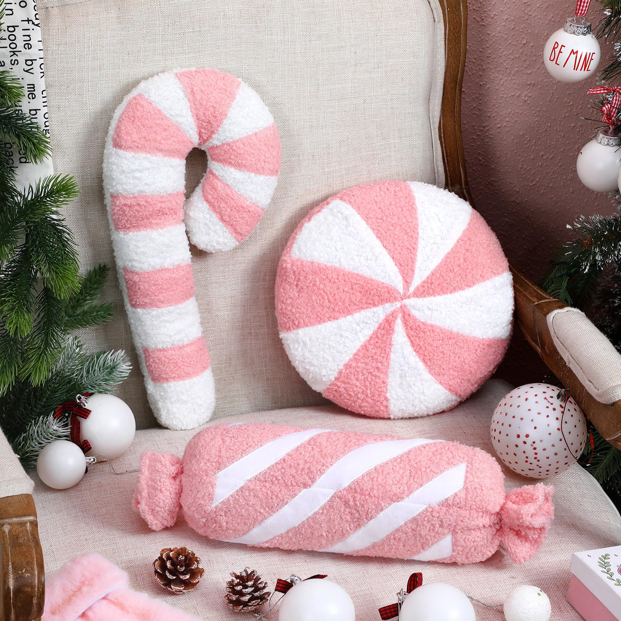 Anglechic 3 Pcs Christmas Pillows Decorative Throw Pillows Candy Merry Christmas Tree Stuffed Wool Soft Xmas Plush Cushion for Sofa Couch Bedroom Living Room(Pink) Anglechic