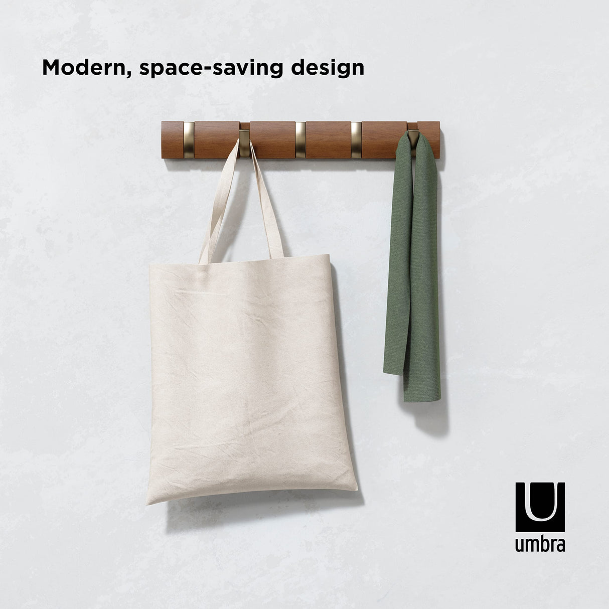 Umbra FLIP Wall Mounted Floating Rack – Modern, Sleek, Space-Saving Hanger with Retractable Hooks to Hang Coats, Scarves, Purses and More, Walnut/Gold Umbra