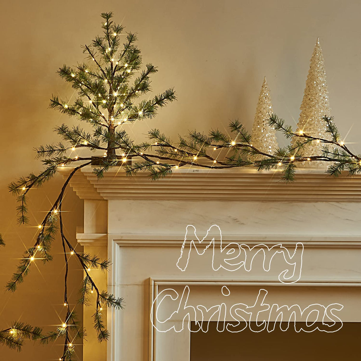 Fudios Lighted Christmas Pine Garland 6FT 48 Warm White LED Battery Operated with Timer for Mantle Fireplace Holiday Winter Decoration Indoor Outdoor Use Fudios