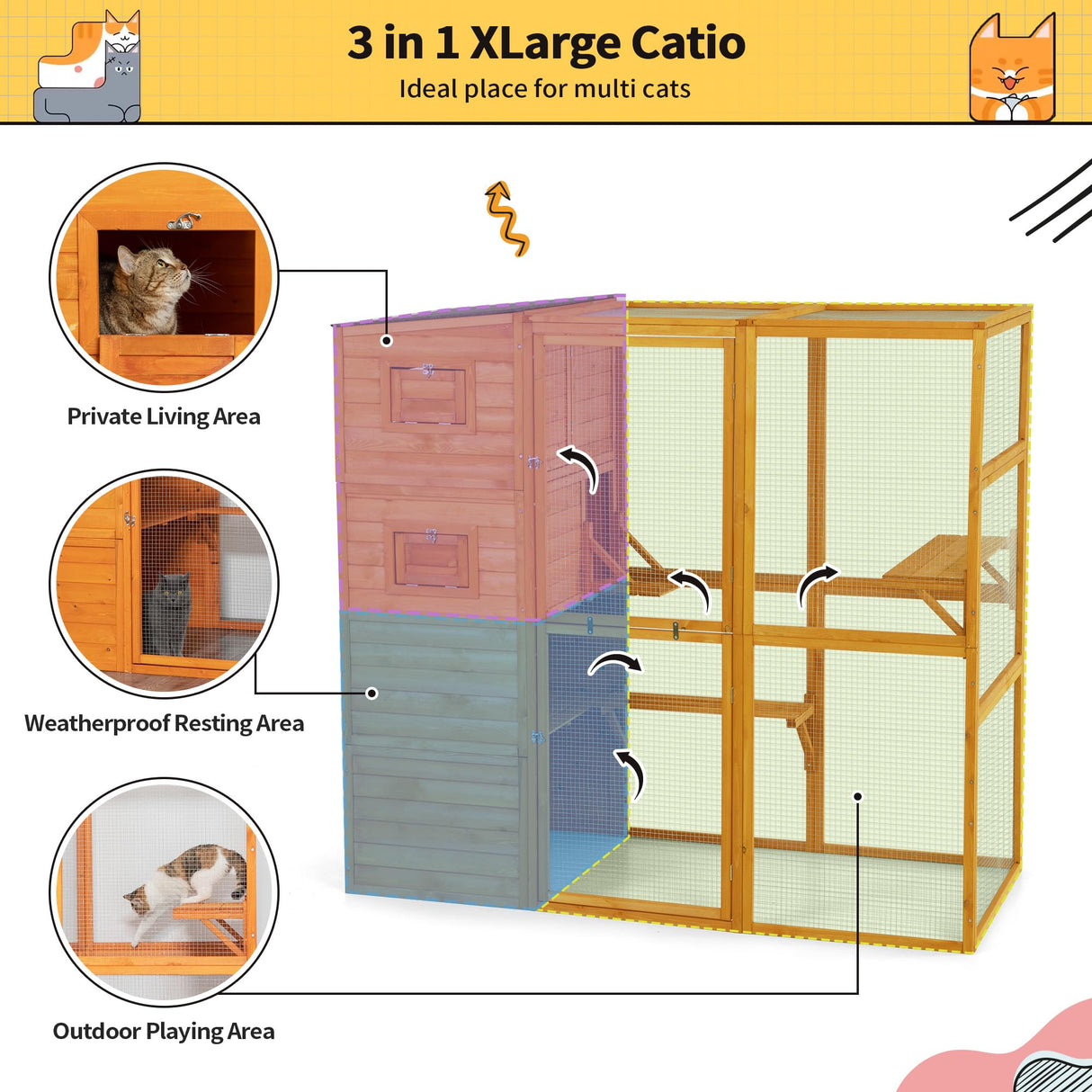 Outdoor Cat Enclosure, 4-Tier Large Cat Catio with Weatherproof Roof, 2 Resting Rooms, 2 Platforms, Walk in Cat Cage Cat House, Wood (Orange) Nyeekoy
