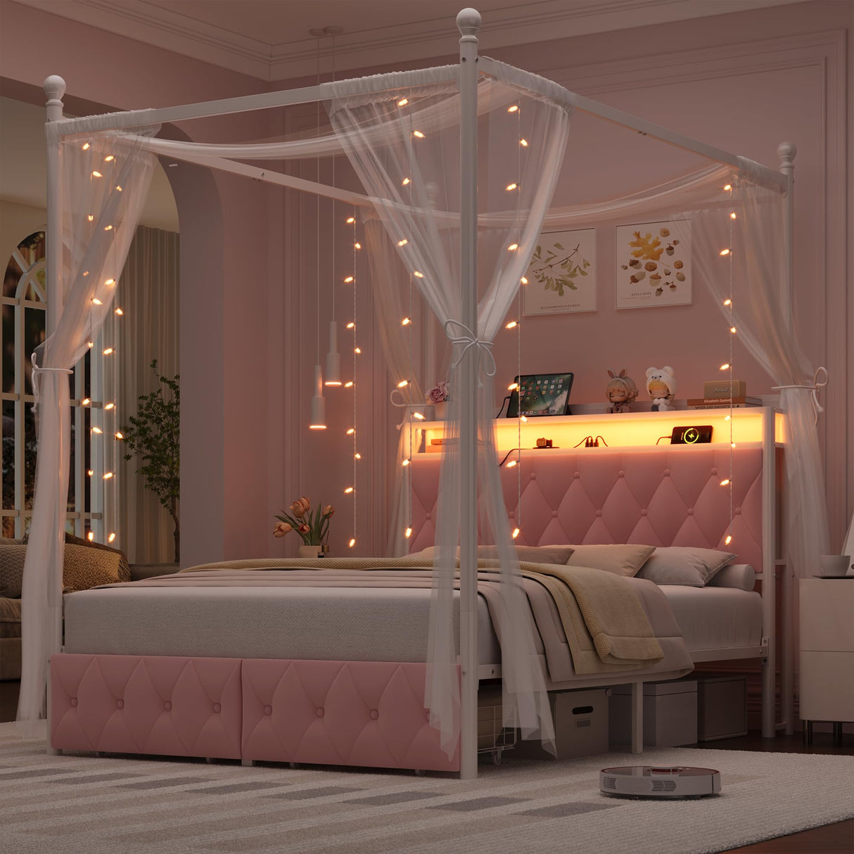 HIFIT Full Size Upholstered LED Canopy Bed Frame with Storage and Charging Station, Button Tufted Storage Headboard with Bookshelf, Two-Use Metal Platform Bed with 4 Removable Posts & 2 Drawers, Pink HIFIT