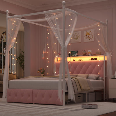 HIFIT Full Size Upholstered LED Canopy Bed Frame with Storage and Charging Station, Button Tufted Storage Headboard with Bookshelf, Two-Use Metal Platform Bed with 4 Removable Posts & 2 Drawers, Pink