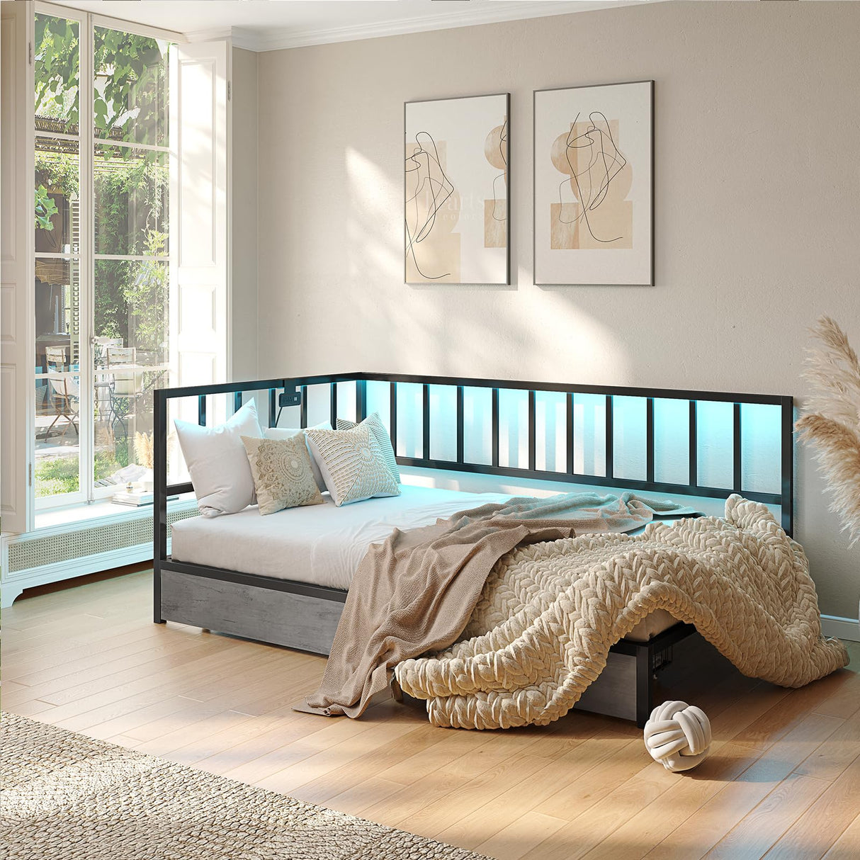 Hasuit Twin Corner Bed Frame with Storage Drawers, Twin Size Bed with Fence, Teenagers/Kids Bed Unit with Charging Station and LED Light, Black Modern Daybed Reversible Left or Right Hasuit