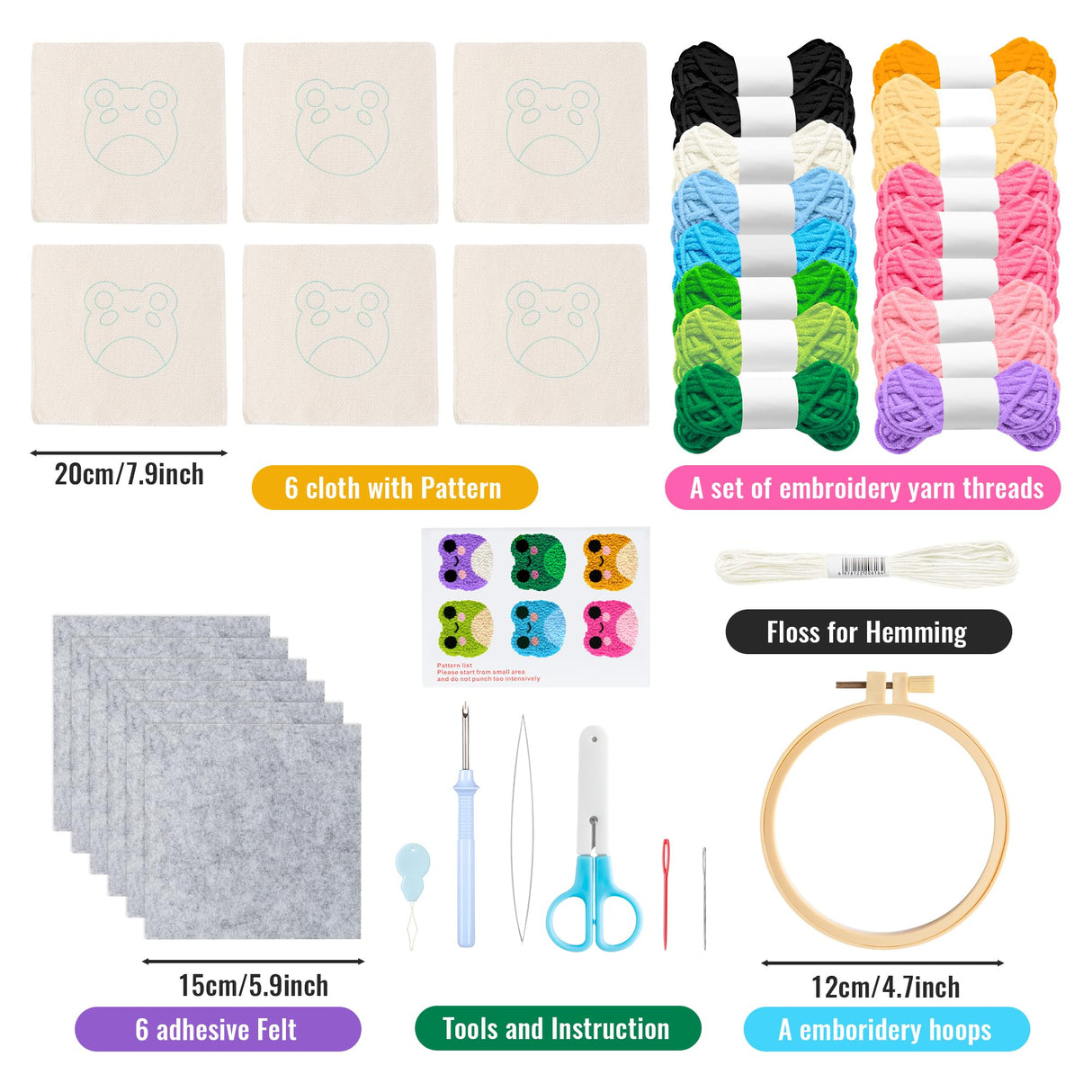 WATINC Frog Punch Needle Coaster Kit - 22Pcs Crafts Punch Needle Coasters Kits for Beginners, Frog Patterns Coaster Tufted Rug Pads with Adhesive Felt Yarns Embroidery Hoop Instruction WATINC