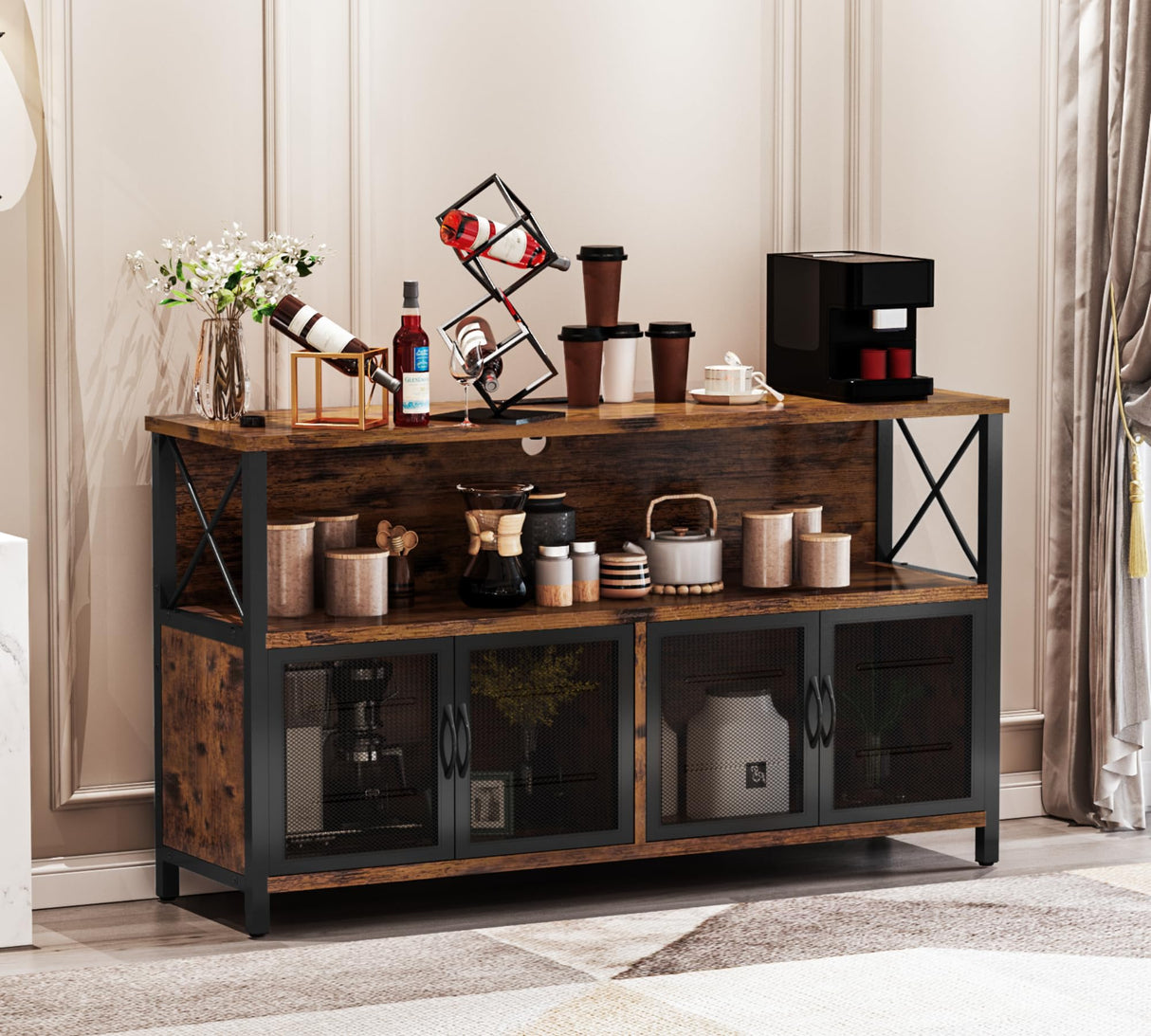 AWQM Retro Sideboard Buffet Cabinet with Power Outlet & USB Port, Industrial Wood Farmhouse Coffee Bar Cabinet with Storage, Console Table for Kitchen, Dining Room, Living Room, Hallway, or Entrance AWQM
