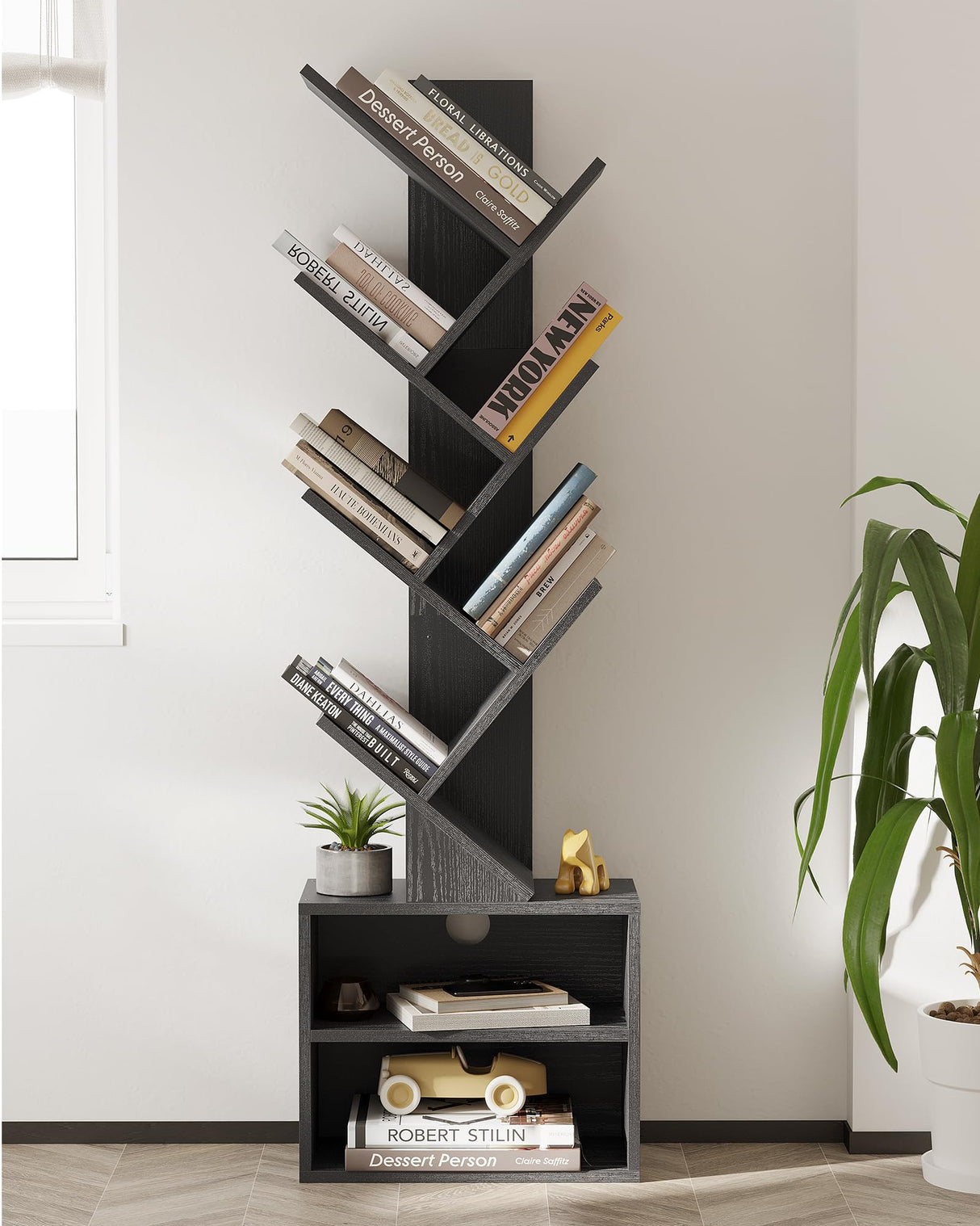 SUNMORY Black 6-Tier Tree Bookshelf with Storage Cabinet - Modern Narrow Floor Organizer for Home and Office SUNMORY