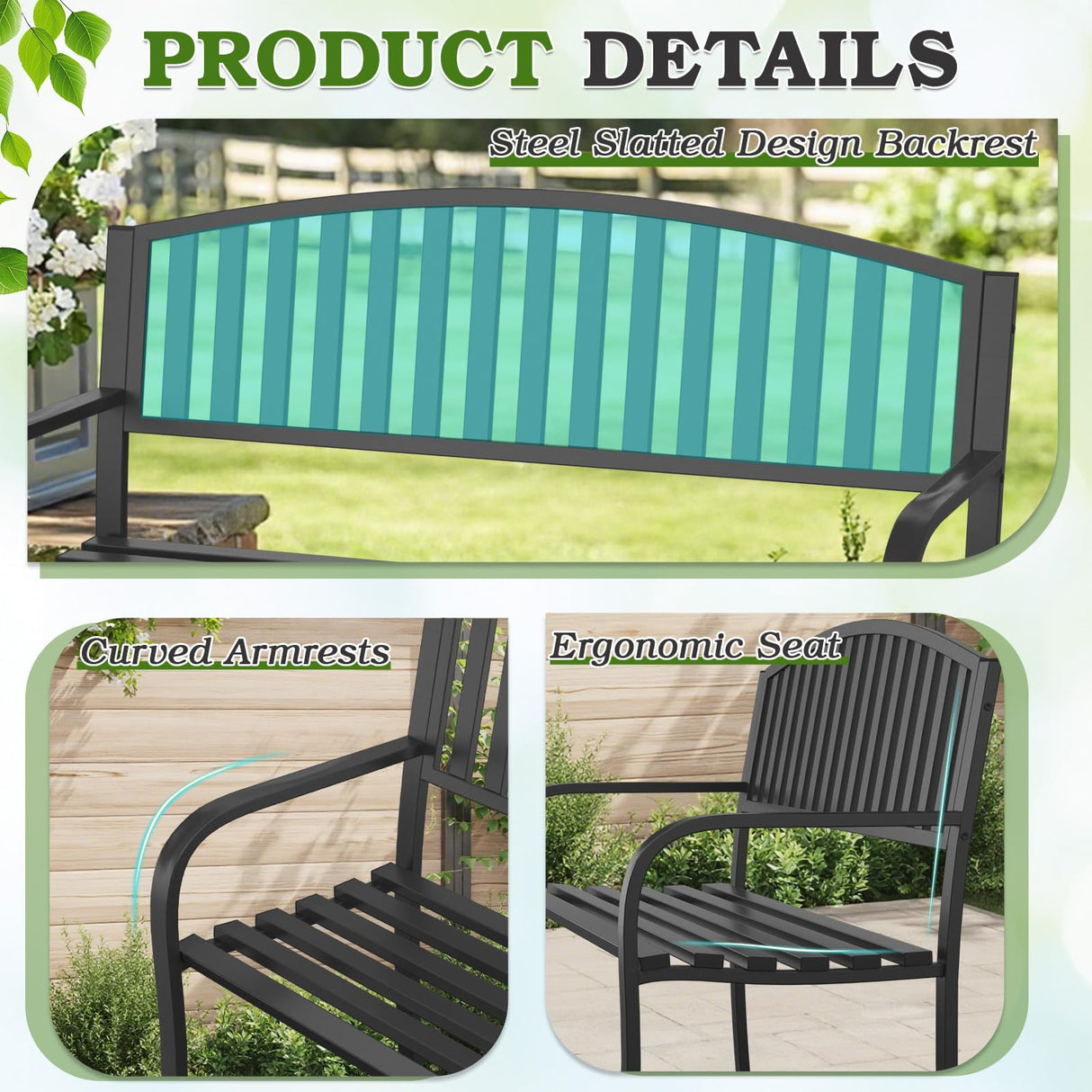 Optmspic 50" Outdoor Garden Bench, Iron Metal Frame Patio Bench with Backrest Armrests, Weatherproof Anti-Rust Outdoor Bench for Front Porch, Park, Yard, Patio (402-32BK) Optmspic