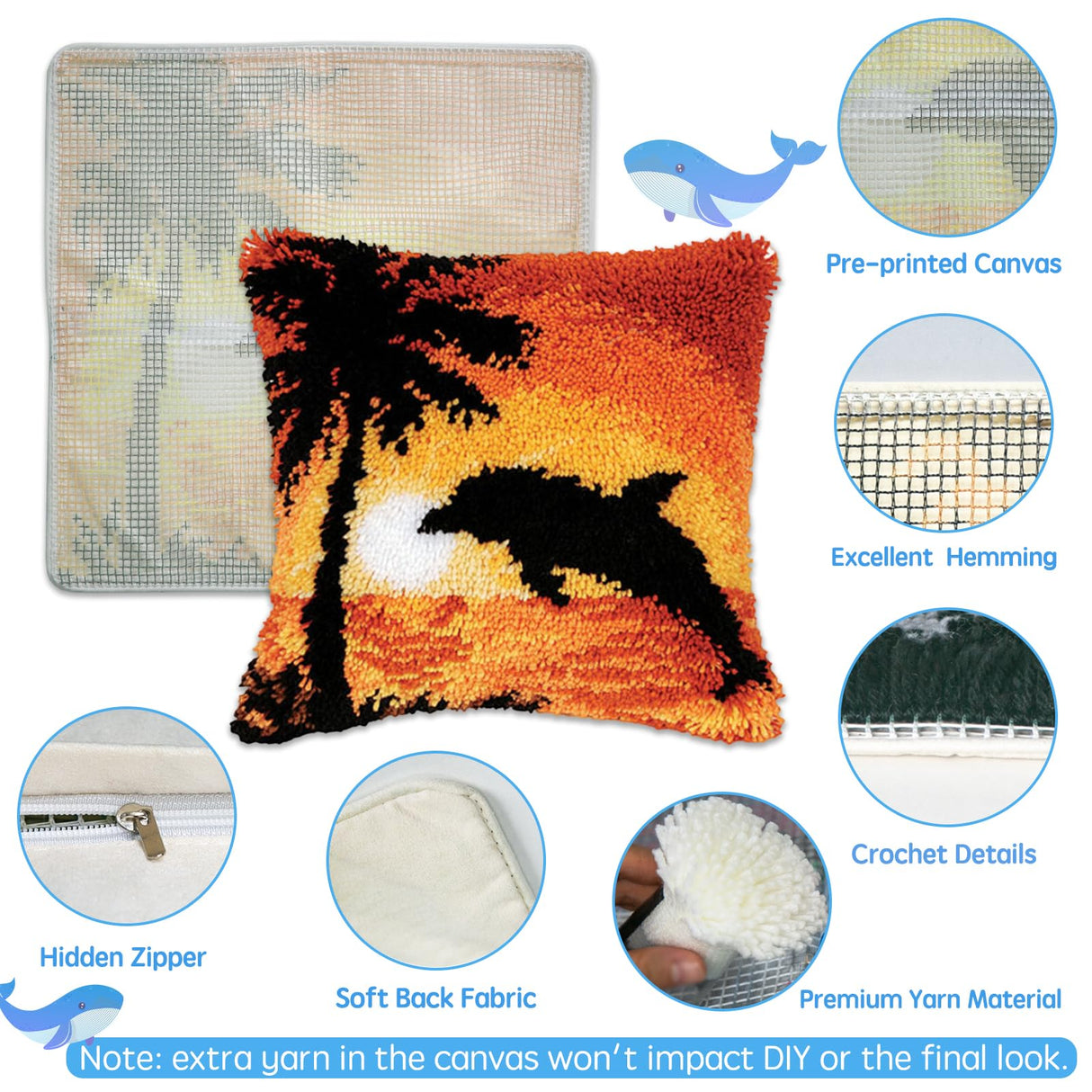 ZFFLYH Latch Hook Kit Plant Flower Leaves DIY Throw Pillow Cover Sofa Cushion Cover Preprinted Canvas Crochet Yarn Kits Needlework Crafts 43x43cm ZFFLYH