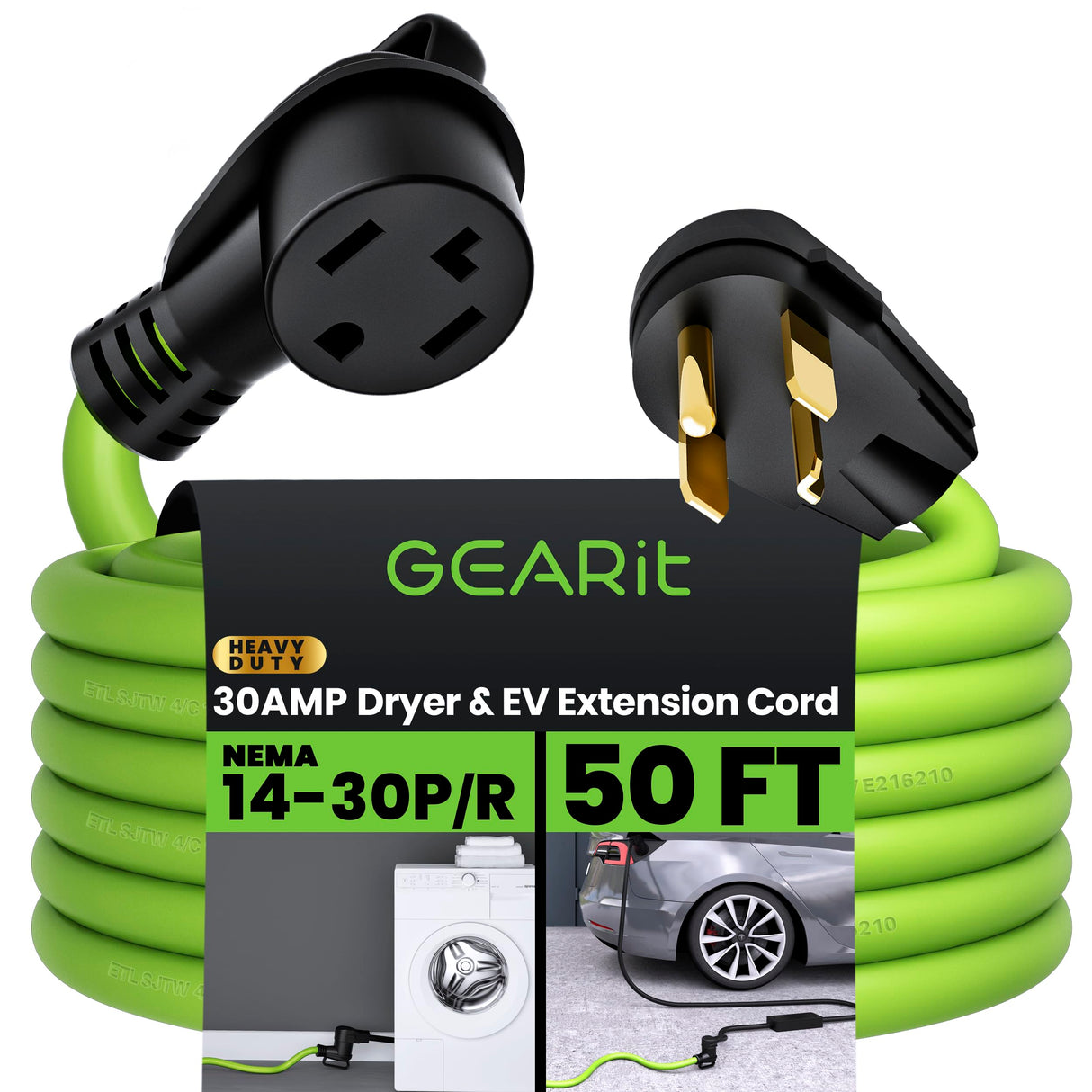 GEARit 30-Amp Extension Cord for Dryer and EV, 125/250-Volt, 4-Prong, Compatible with Tesla Model 3 Model Y Model X Model S, NEMA 14-30P to 14-30R, Level 2 EV Charging Cable STW 10AWG/4, 50 Ft, Green GearIT