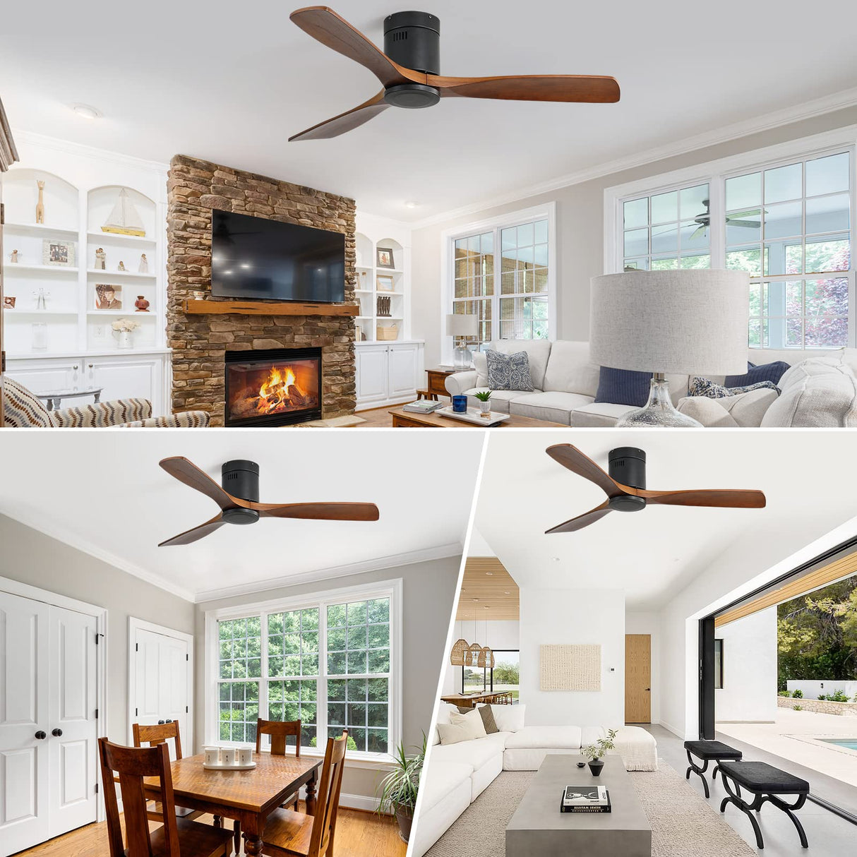 Sofucor 52" Low Profile Ceiling Fan with Remote Control, Outdoor Ceiling Fan No Light with 3 Walnut Blades, Multi-speed, Timer, Reversible DC Motor for Patio Living Room Bedroom Office Black Sofucor