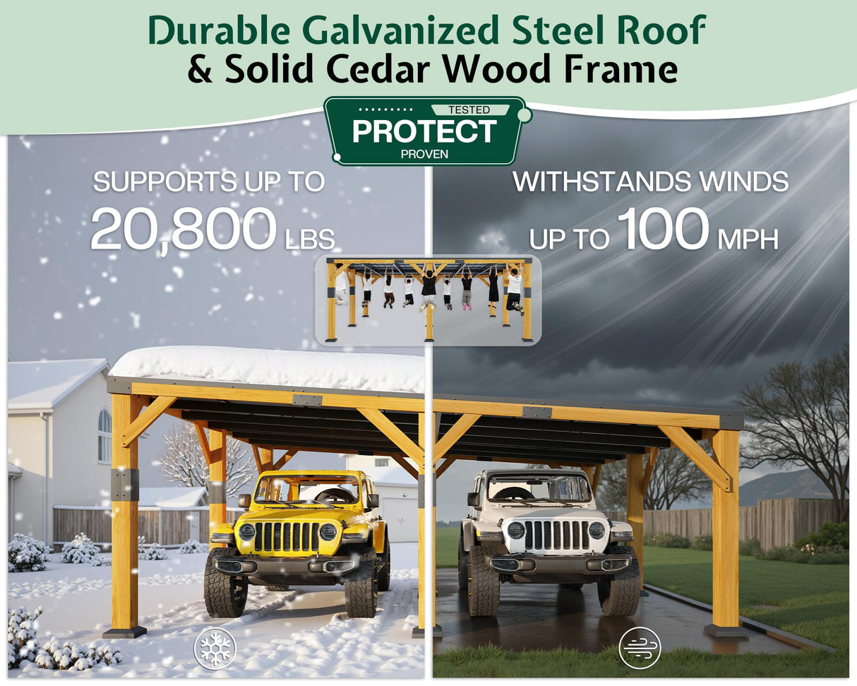 Jocisland 20x20x9.2 FT Cedar Wood Carport with Sloped Galvanized Steel Roof, Heavy Duty Outdoor Shelter for 2 Cars, Trucks, Boats & Tractors, Wind & Snow Resistant Pitch Roof Design Jocisland