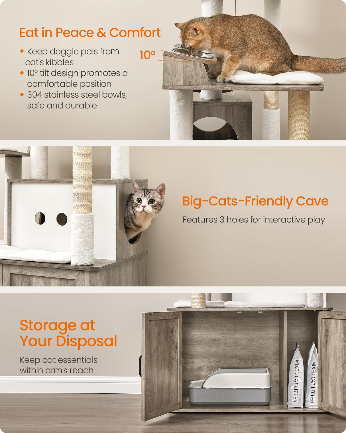 Feandrea Cat Tree, 66.9-Inch Cat Tower with Litter Box Enclosure, Large Cat Condo with Food Station, Storage, Scratching Posts, Cat Cave, Hammock, Washable Cushions, Heather Greige UPCT169K02 Feandrea