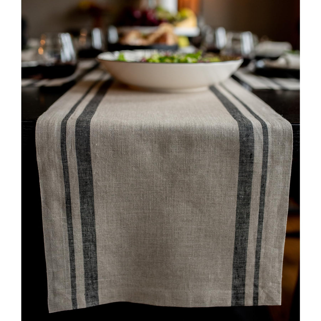 Solino Home Linen Table Runner 90 Inches Long - French Stripe, 100% Pure Linen Black and Natural Farmhouse Table Runner 14 x 90 Inch Ideal for Dining, Fall, Autumn, Thanksgiving, Holiday Solino Home